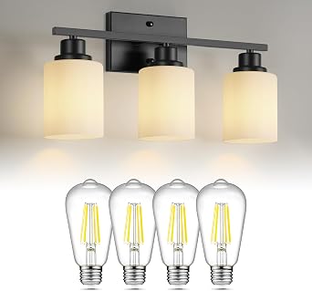Ascher 3-Light Bathroom Light Fixtures with Non-Dimmable Pack of 4 E26 LED Edison Bulbs Cool White 4000K