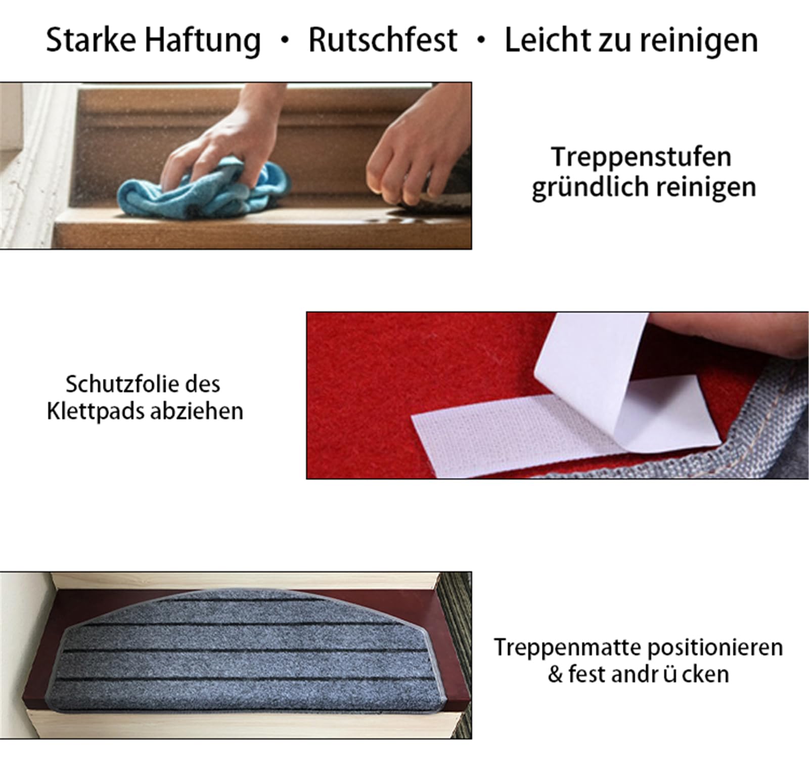 15 Stück Stufenmatten Treppen-Teppich - 65x24cm Treppenstufen Matten Halbrund Trittfläche, Teppich für Treppenstufen, Treppenschutz, Treppenteppich für Kinder Ältere und Hunde