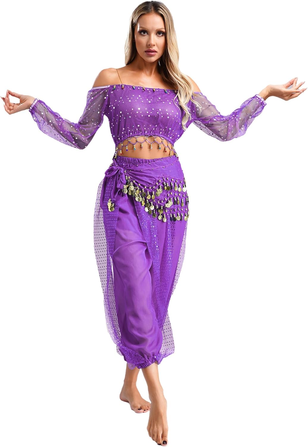 Lejafay Women's Belly Dance Harem Pants Hip Scarf Tassel Trouser Arabic Performance Loose Pants