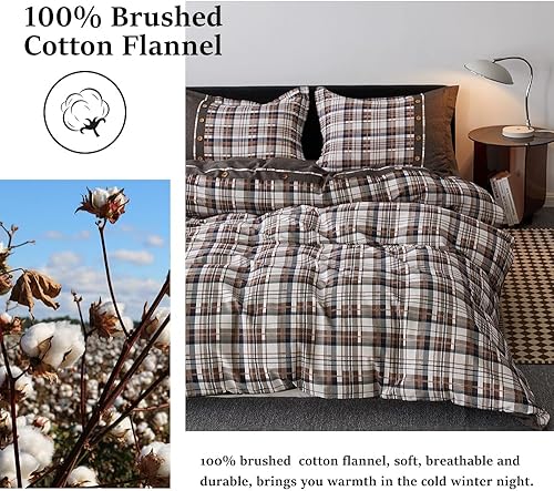 Miniatura 3 de Simple&amp;Opulence Juego de funda de edredón de franela de algodón 100% a cuadros de búfalo blanco y gris, juego de cama suave de 3 piezas, 1 funda de