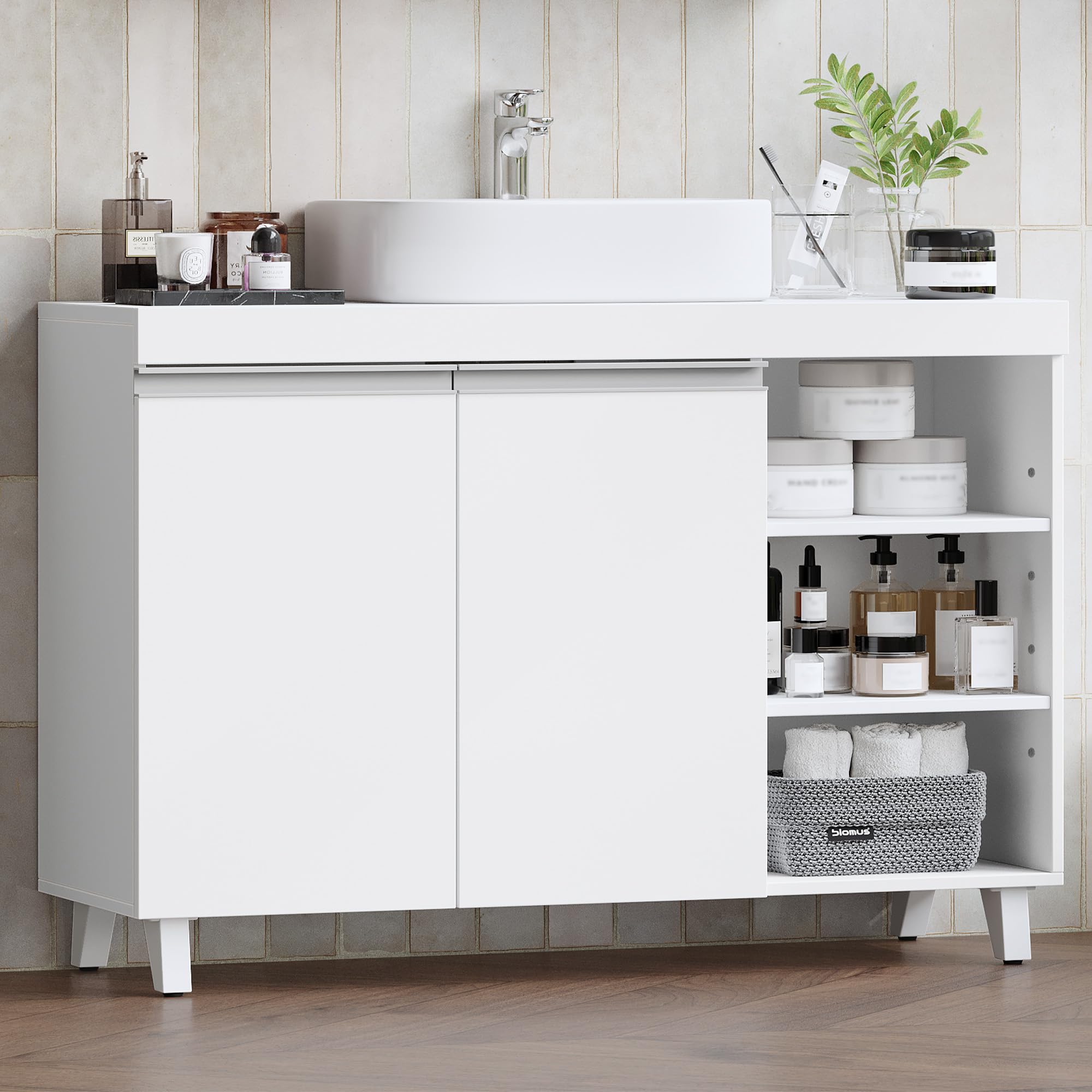 Hzuaneri Waschbeckenunterschrank, 30 x 90 x 64 cm, Badezimmerschrank mit 2 Türen und 3 offene Fächer, Unterschrank mit verstellbaren Ablagen, Freistehend Waschtischunterschrank, Weiß BC28903X
