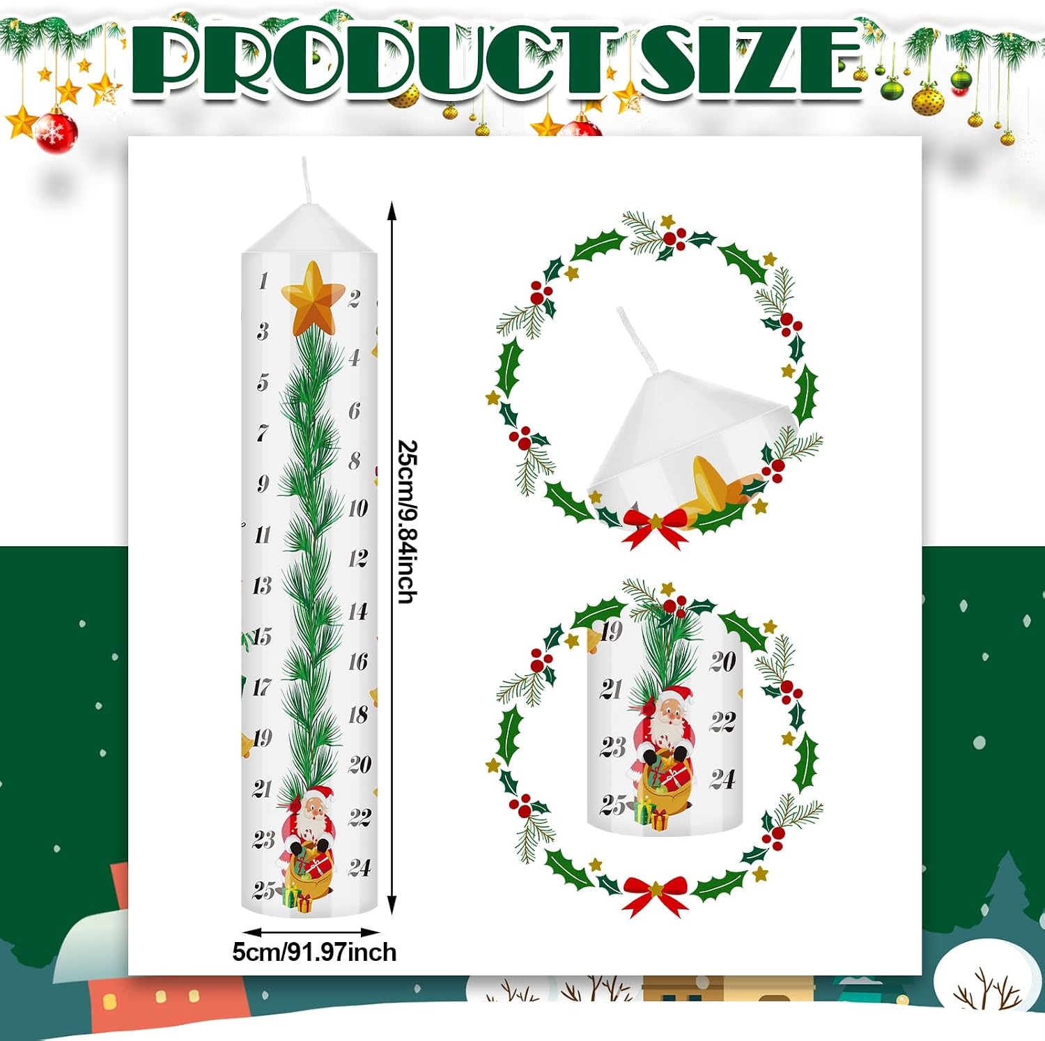 Jutom Christmas Advent Candle Countdown Christmas Calendar Candle Christmas Gifts Advent Calendar, 9.8 Inch