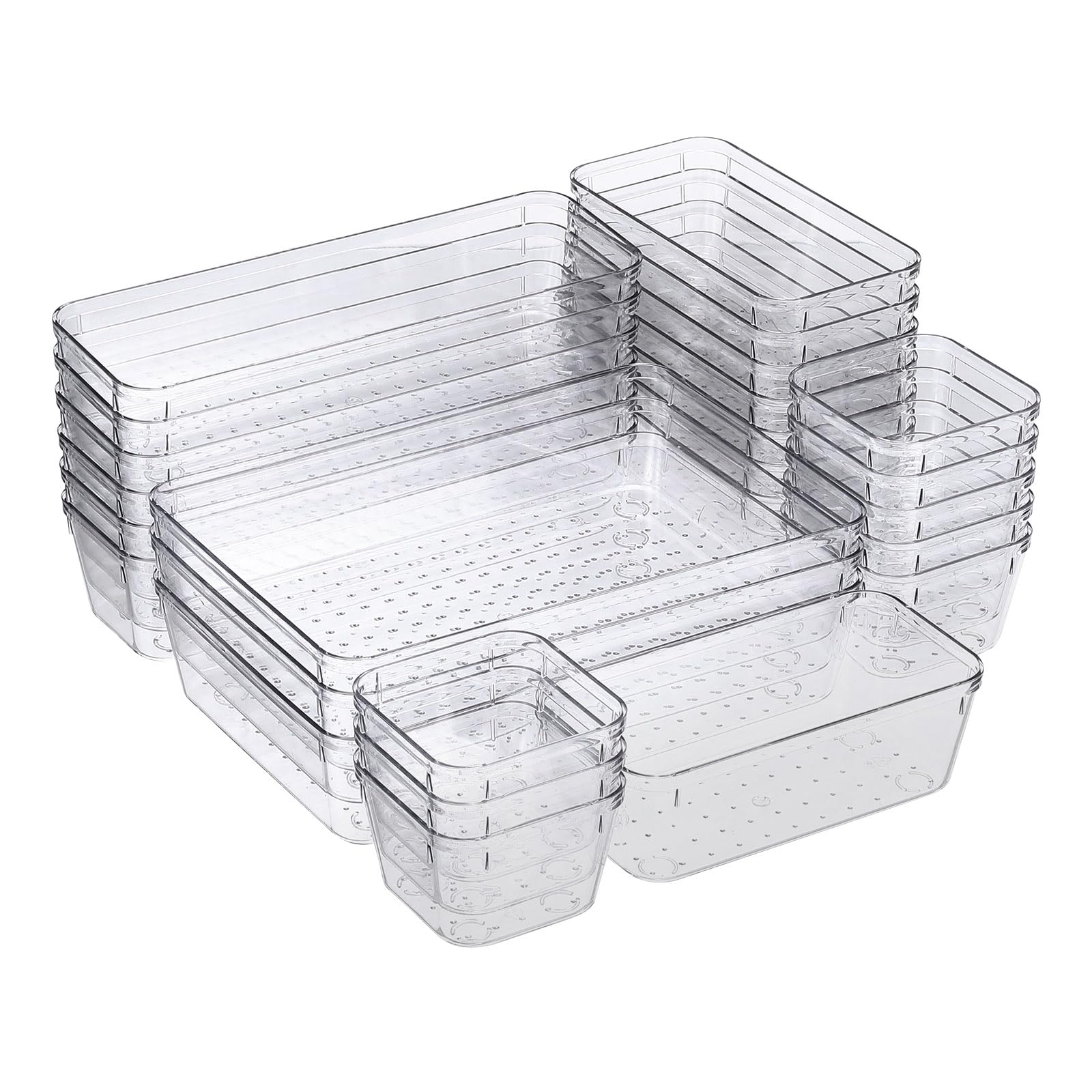 sourcing map Set di 25 organizer per cassetti, in plastica trasparente, 4 misure, per bagno, vanità, divisori, contenitori per trucco, gioielli, utensili e gadget