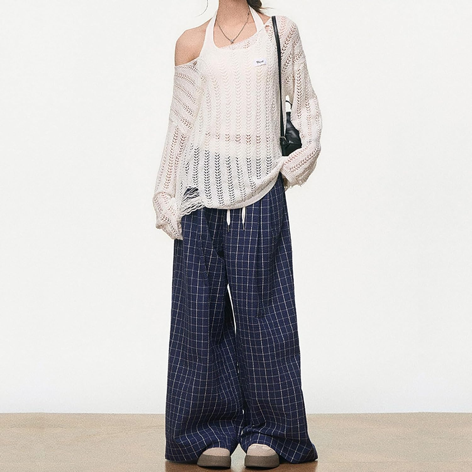 Women's Y2K Goth Baggy Wide Leg Plaid Pants Drawstring High Waist Color Blocking Casual Elastic Waist Trouser - Image 2