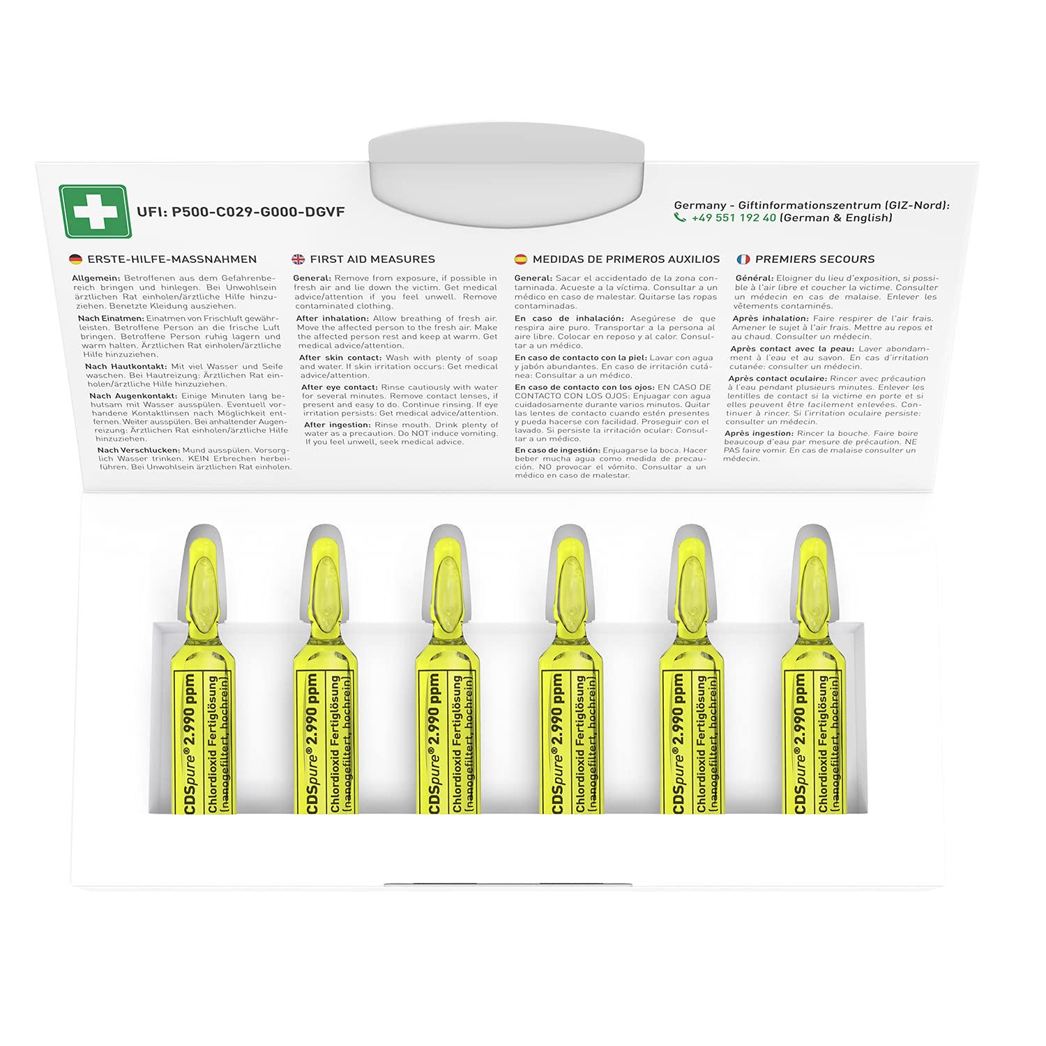 CDSpure 6x5ml I nano-gefilterte Chlordioxid-Fertiglösung (0,299%) in Klarglas Ampullen I 5 Jahre ungekühlt haltbar I 2990ppm I CDL Tropfen I Premium CDS I Das Original
