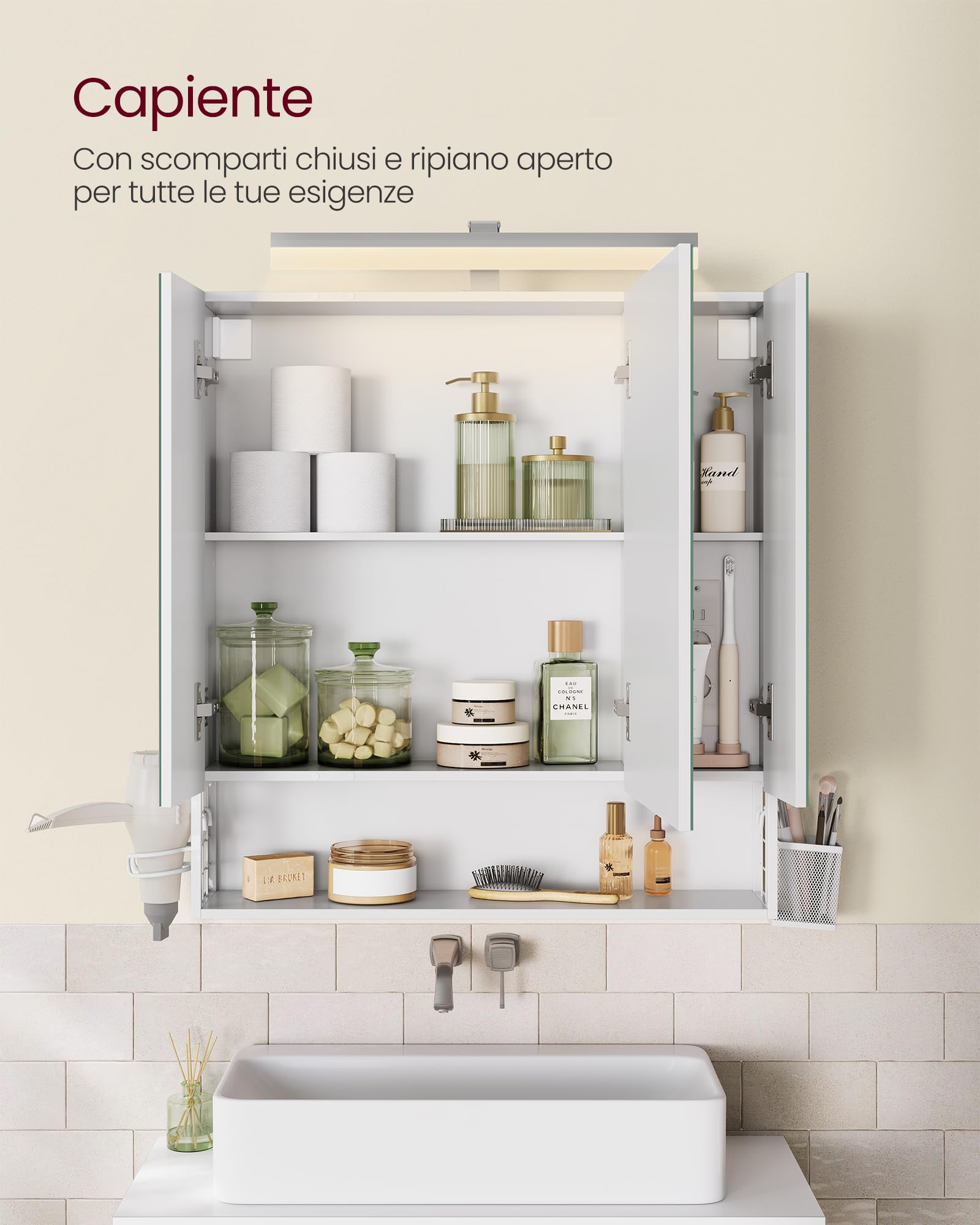 VASAGLE Mobile da Bagno con Illuminazione LED, 16,5 x 70 x 75 cm, Cestino Sospeso, Supporto per Asciugacapelli, per Lavabo, Bianco Nuvola BBK126W01