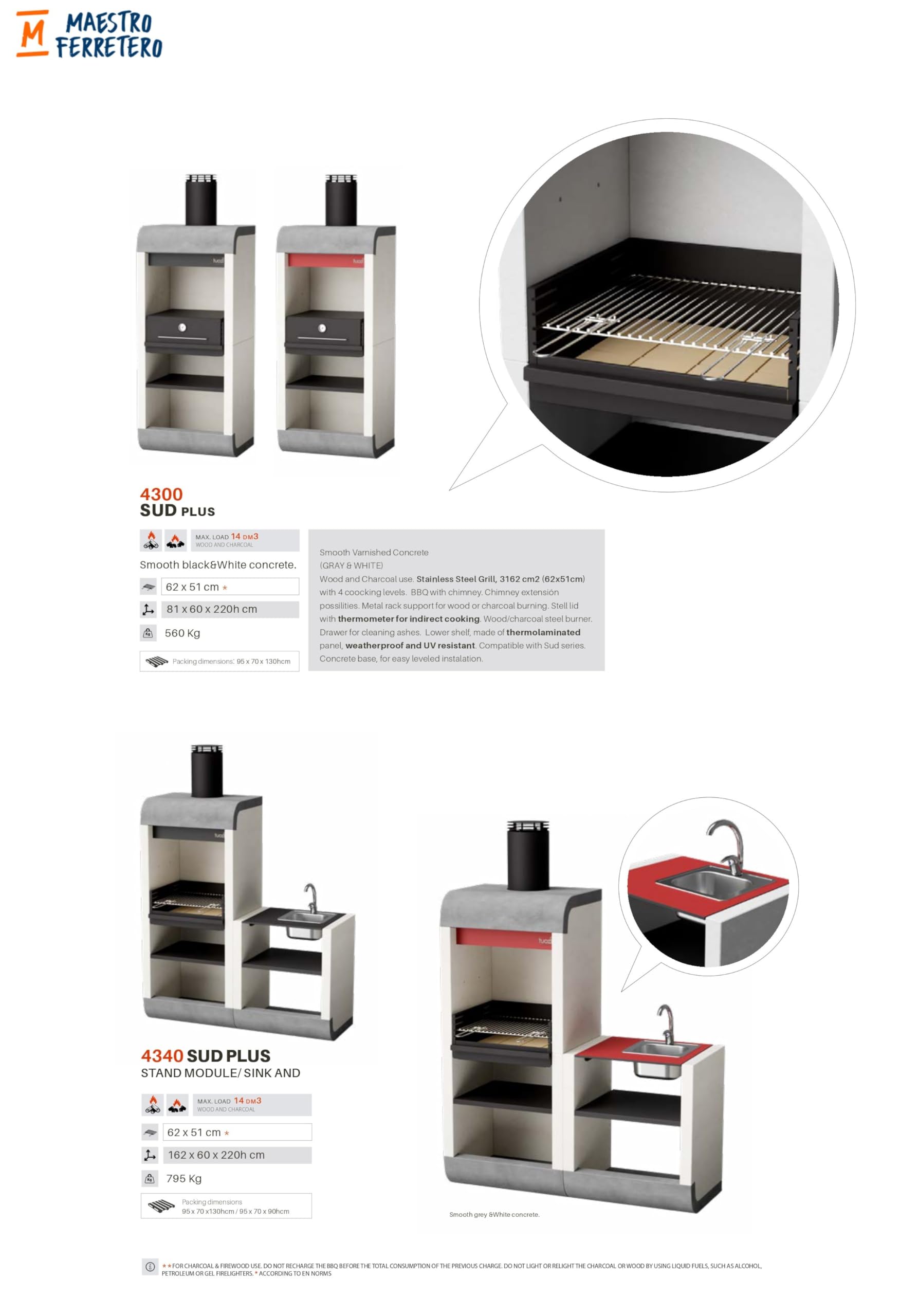TUOZI - Einbaugrill für Holz und Holzkohle Modell SUD PLUS (Weiß/Grau/Rot - 81 x 60 x 220 cm) REF: 4300/2 - Für den Außenbereich