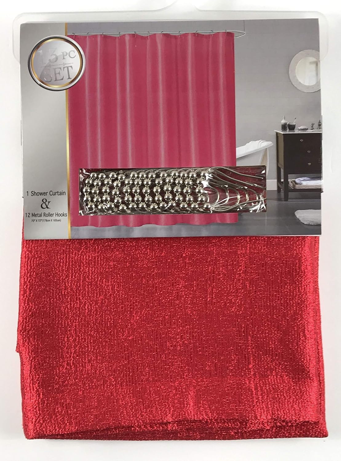 Serafina Home Christmas Holiday Decorative Luxury Red Fabric Shower Curtain for Bathroom: Shimmering Textured Jacquard Cloth, 12 Rollerball Hooks