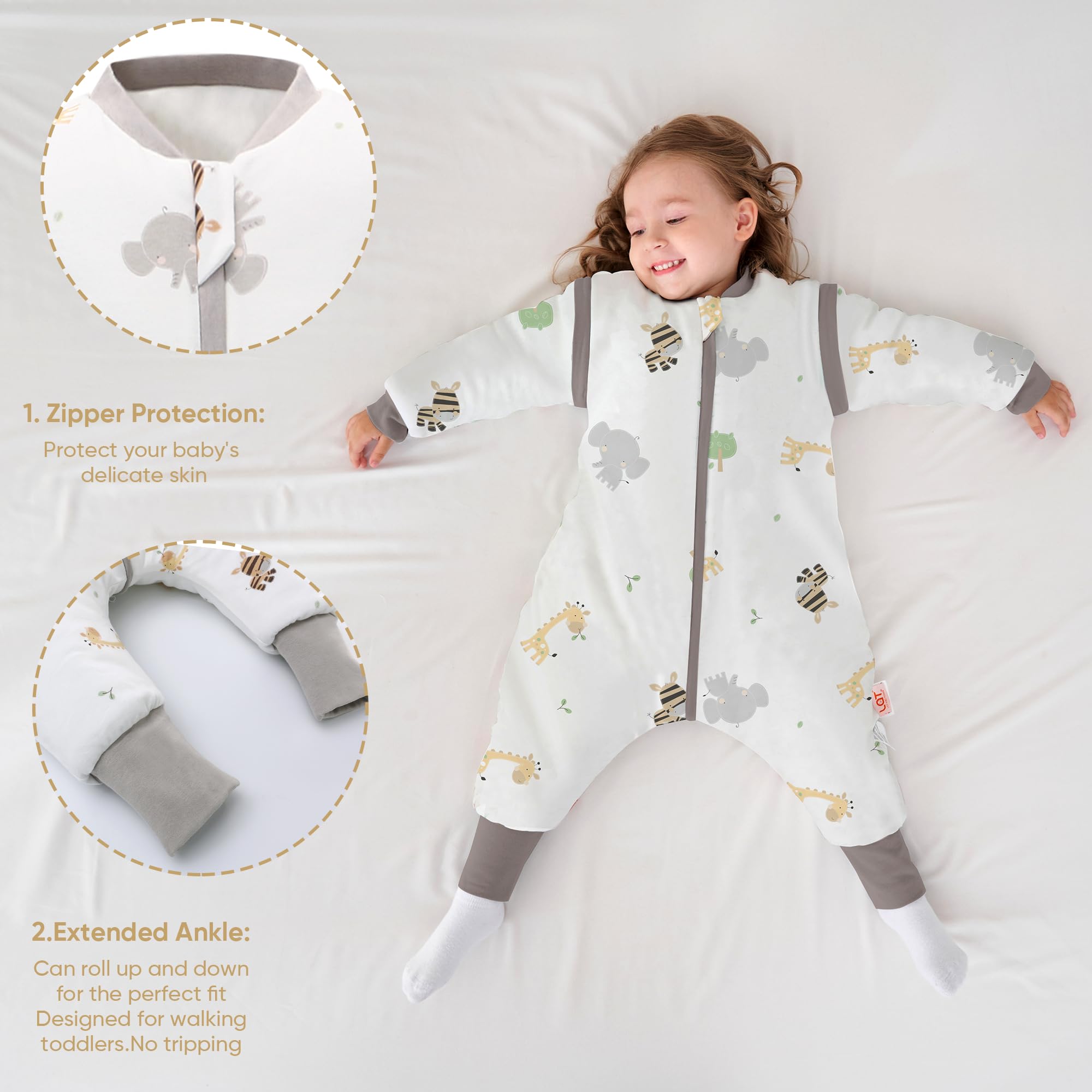 LAT Sacco Nanna Invernale, 2.5 Tog Sacco Nanna con Piedini e Maniche Staccabili, Sacco a Pelo in Cotone con Cerniera a 3 Vie per Bambini