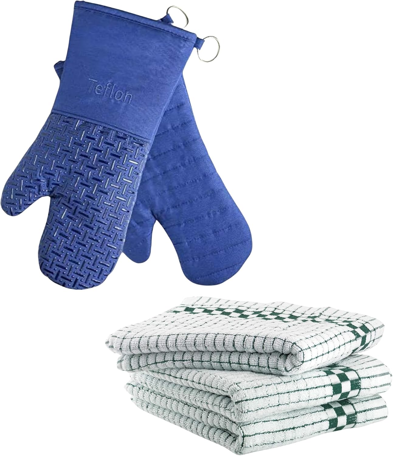 XLNT Blue Extra Long Oven Mitts with Green Highly Absorbent Kitchen Dish Towels - 6 Pack | Teflon EcoElite Water Repellent | Heat Resistant for Oven Cooking, Grill & BBQ | Non Slip Gloves