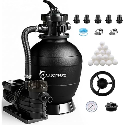 LANCHEZ 13" Sand Filter Pump for Above Ground Pool, 3/4 HP, Max 3500 GPH for Pools Up to 11000GAL, 6-Way Valve Pool Sand Filter System with Strainer Basket, Enhanced Circulation for Crystal-Clear Pool