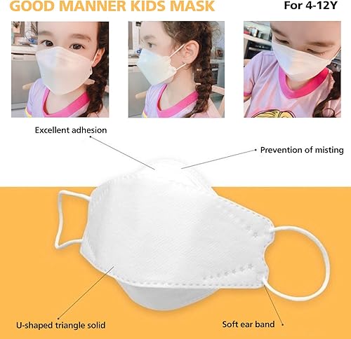 Miniatura 3 de KF94 Mascarilla desechable para niños, paquete de 100 unidades, color blanco, transpirable, con sistema de filtración cuádruple y capa interior