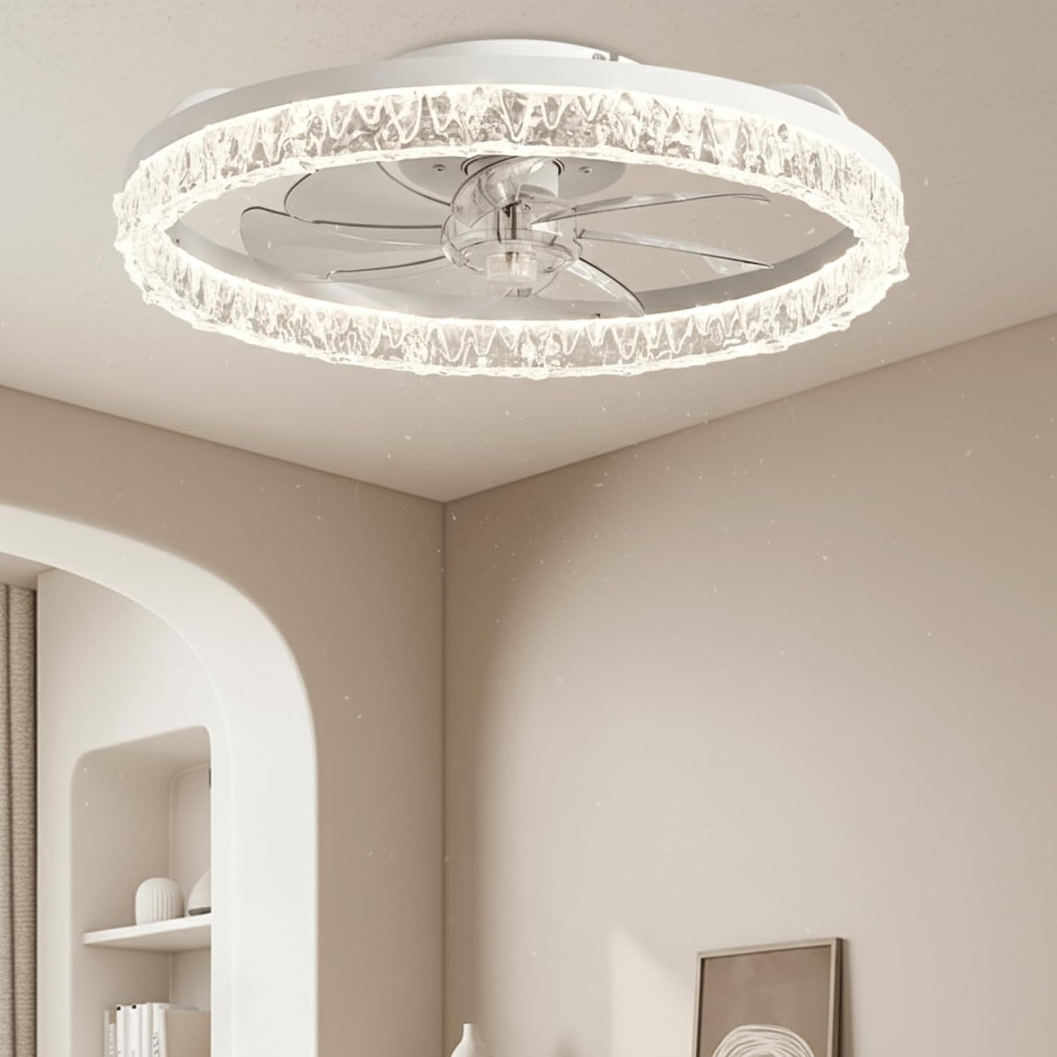 20" Flush Mount Ceiling Fan with Lights & Remote, Low Profile Modern Fandelier for Bedroom, 6 Speeds, Stepless Color Temperature, White Crystal Design