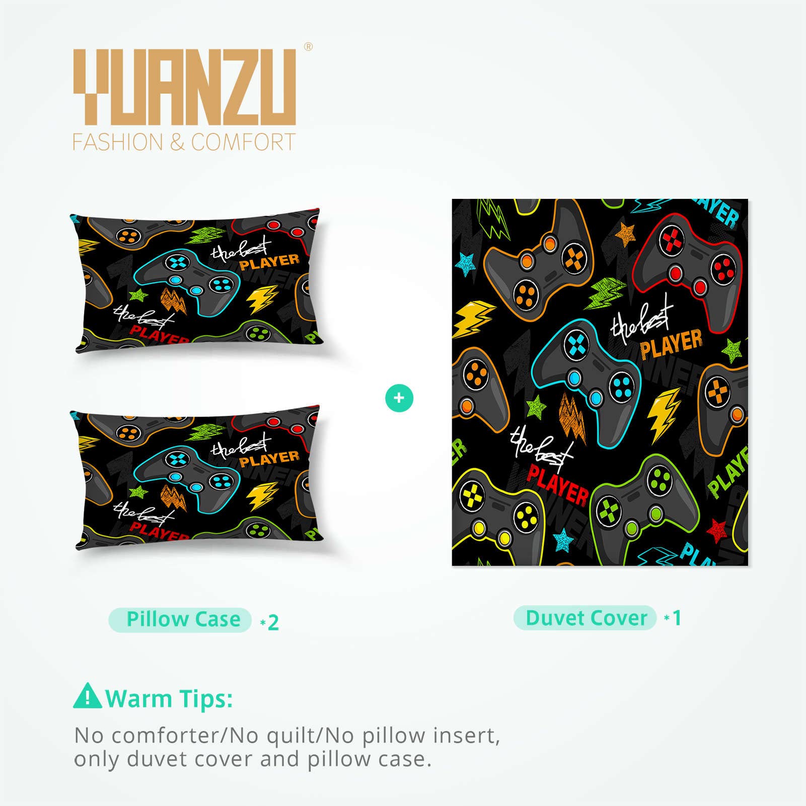 YUANZU Video Game Bedding Set Double for Kids Boys Teens Duvet Cover Set 3 Pieces Gamepad Graffiti Gamer Joystick Printed Soft Microfiber Quilt Cover with Zipper Closure (200 x 200 cm & 2Pillowcase) - Image 4