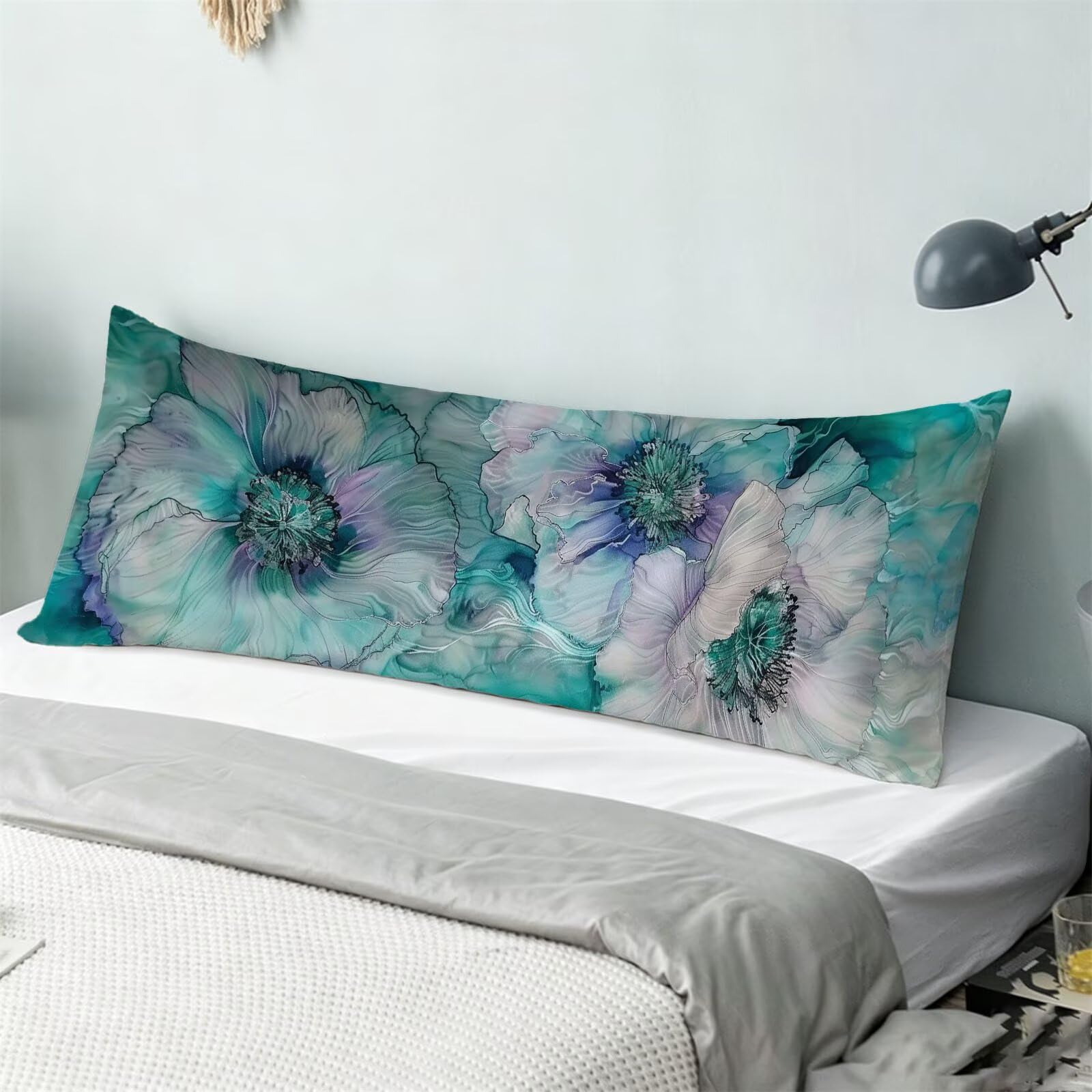 Funda de Almohada 60 x 180 cm Azul Protector Almohada 180 cm con Cremallera Invisible, Terciopelo Suave y Transpirable Pillow Case Flor Impresión a Doble Cara para Cama, Sofá y Dormitorio dg-563