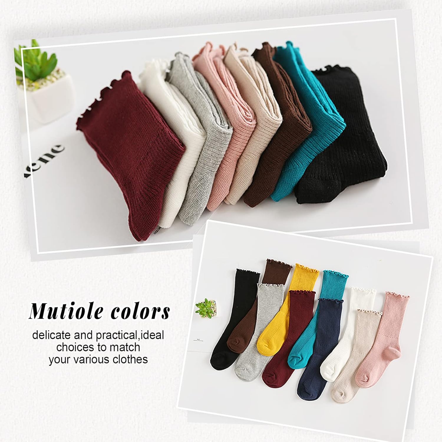Women's Ruffle High Ankle Socks - Cute Lettuce Trim, Solid Color Casual - Image 6