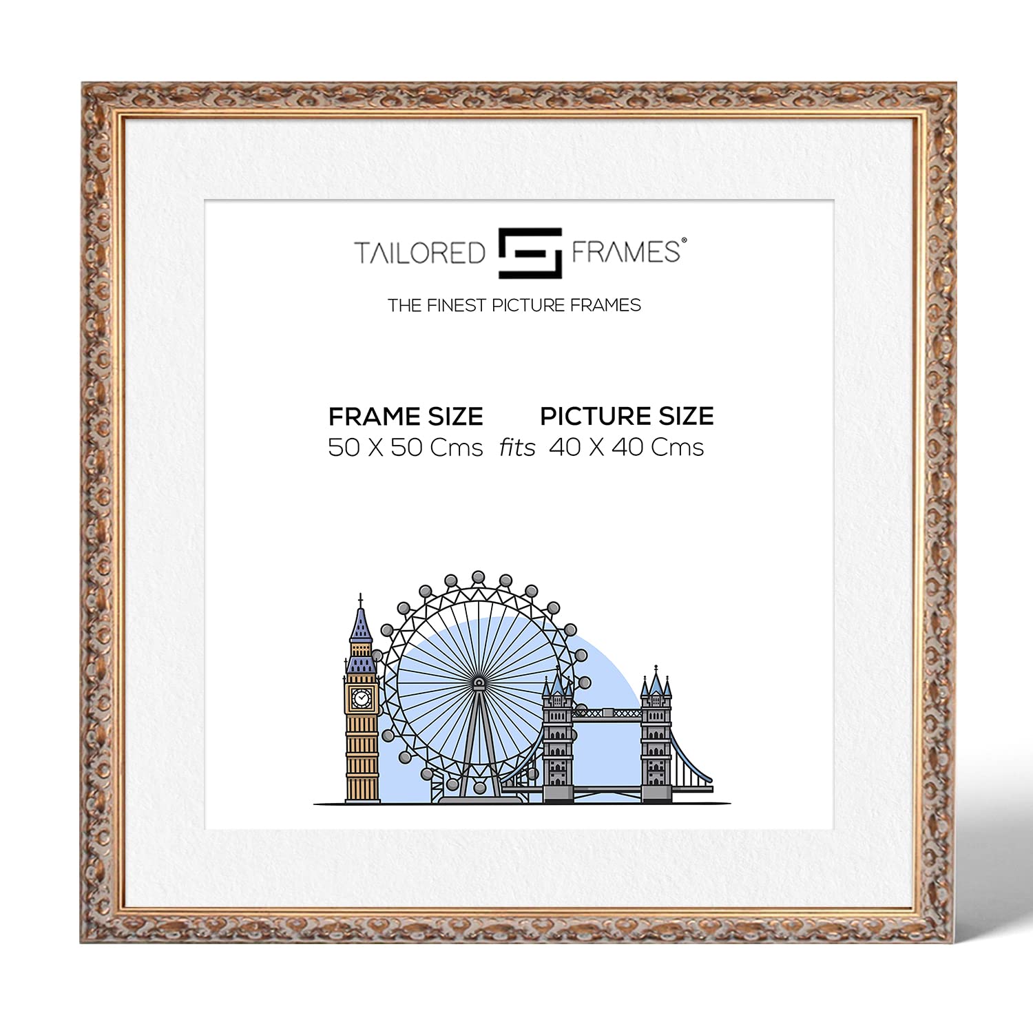 Tailored Frames-Vienna Oro, Vintage Adornos Shabby Chic Marcos de Fotos tamaño 50 x 50 cm para 40 x 40 cm con Soporte de Color Blanco