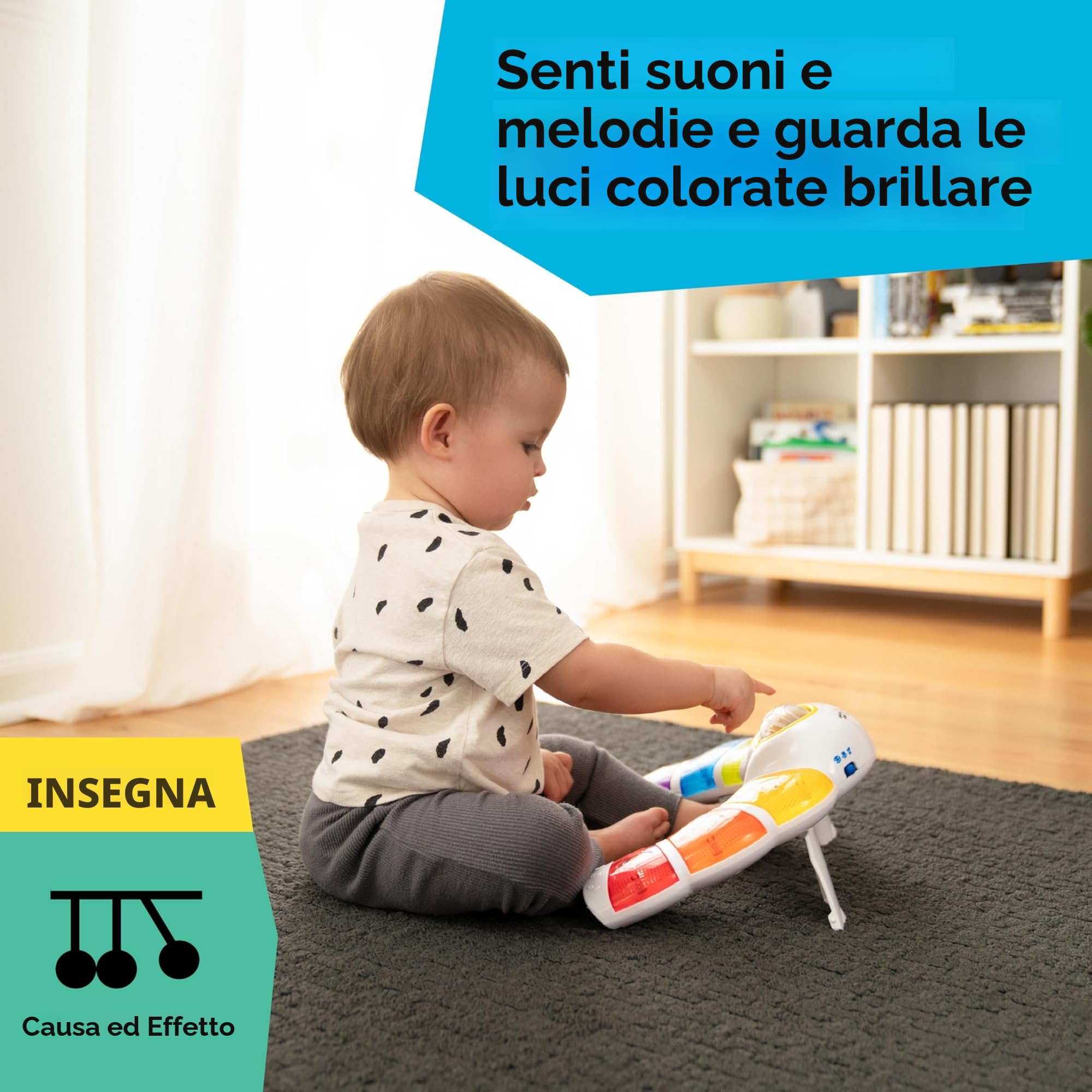 Baby Einstein, Giocattolo Musicale con Luci, Suoni e Sonagli, Barra Luminosa Glow & Discover, Pianoforte con 3 modalità, Multilingue, per Bambini dai 3 Mesi