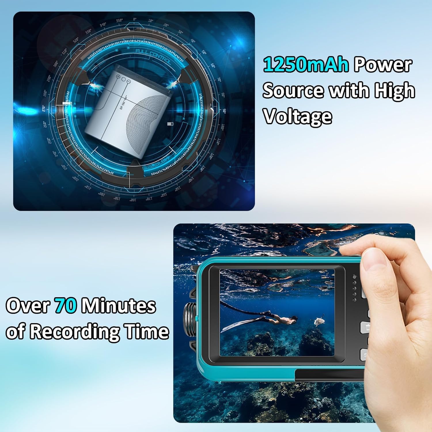 Acuvar Waterproof Digital Camera, 48MP Underwater Camera with Dual-Screen, Autofocus, 11FT Depth, Floatable Point and Shoot Camera for Snorkeling, Compact Water Proof Camera with 1250mAh Battery(Blue)