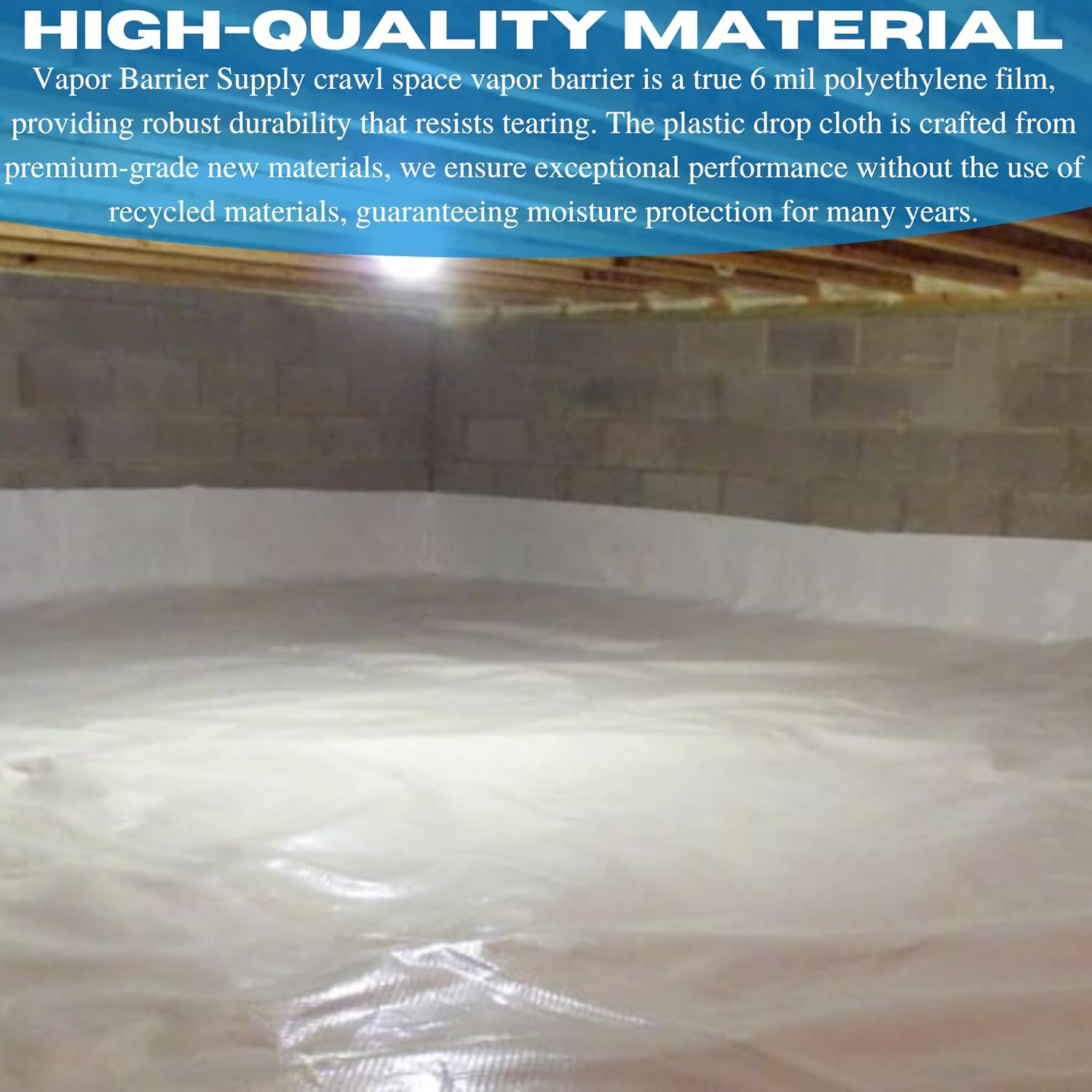 VBS - Crawl Space Vapor Barrier - 6 Mil - White Vapor Barrier, Thick Plastic Sheeting, Heavy Duty Polyethylene Film, Drop Cloth Covering for Crawlspace, Basement, White Plastic Sheeting (10' x 100')