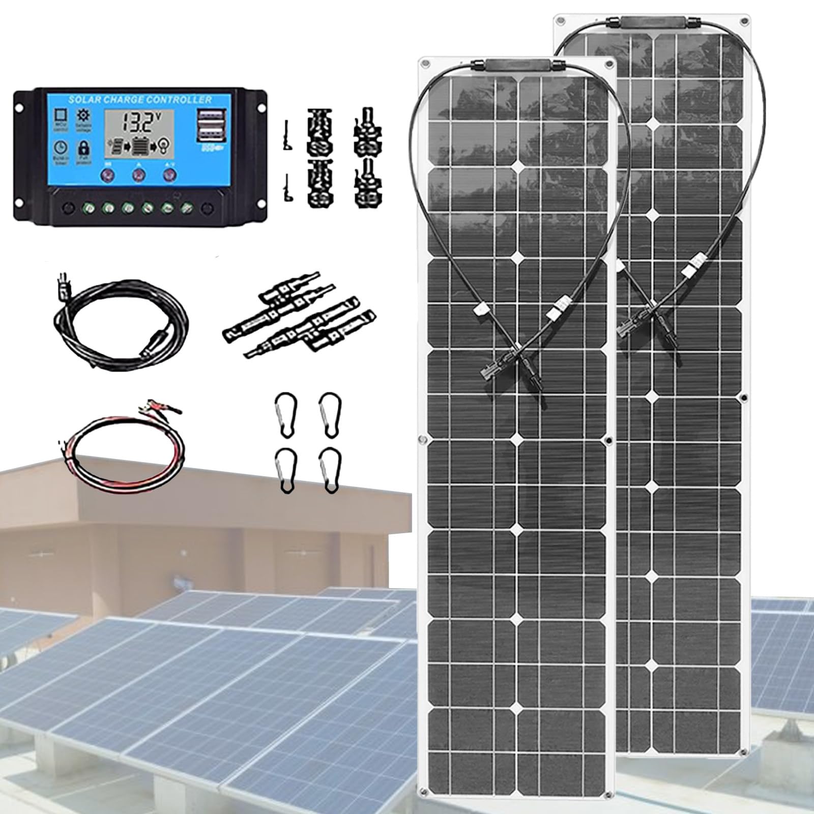 Kit De Paneles Solares De 400 W con 2 Paneles Solares Fotovoltaicos De 200 W Y Controlador De 40 A para Techo De Coche White