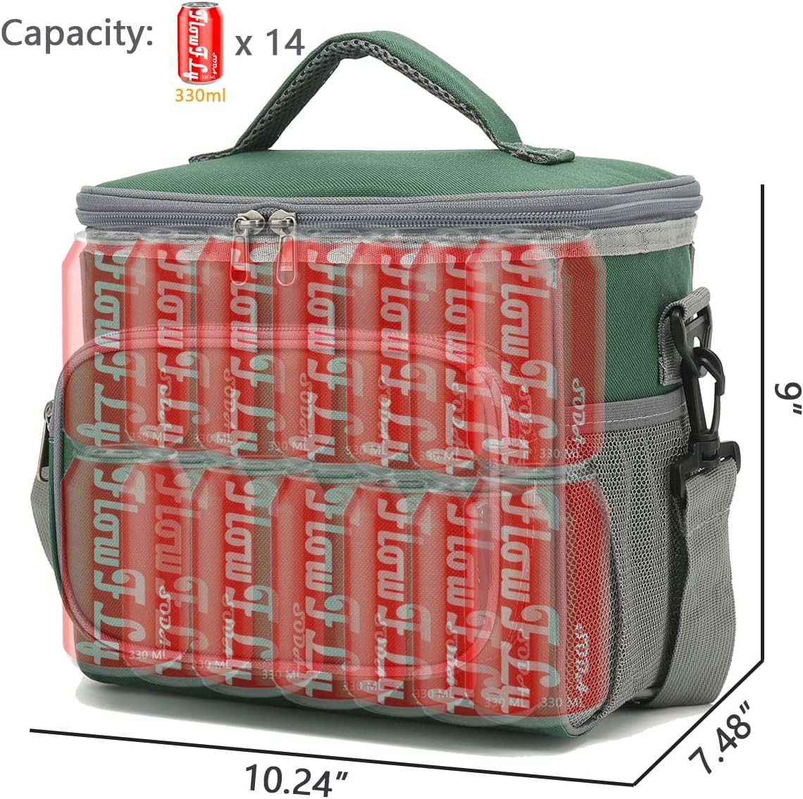 FlowFly Insulated Reusable Lunch Bag Adult Large Lunch Box for Women and Men with Adjustable Shoulder Strap,Front Zipper Pocket and Dual Large Mesh Side Pockets,ArmyGreen - Image 3