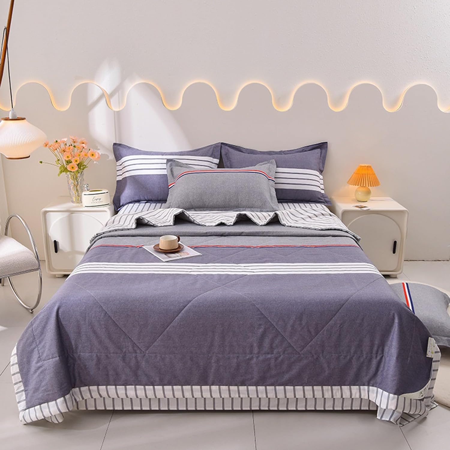 Quilt Set,100% Pure Cotton Thin Blanket,Student Dormitory/Children/Adult Twin Comforter Bedding,Machine Washable (Quilt x1/Bed sheet x1/Pillowcase x2)(19,1.5m 200x230)