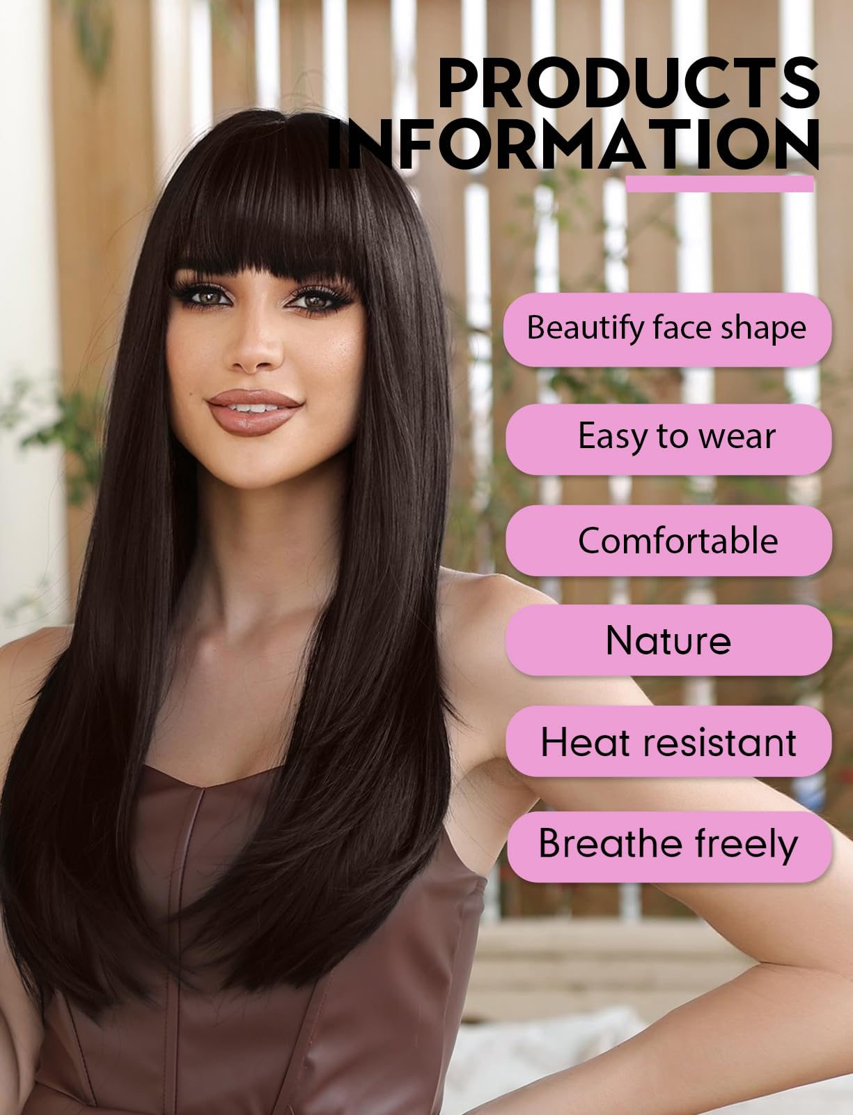 WOKESTAR Brown Wigs for Women Layered Straight Long Wig with Fringe, Dark Brown, 26 inch - Image 2