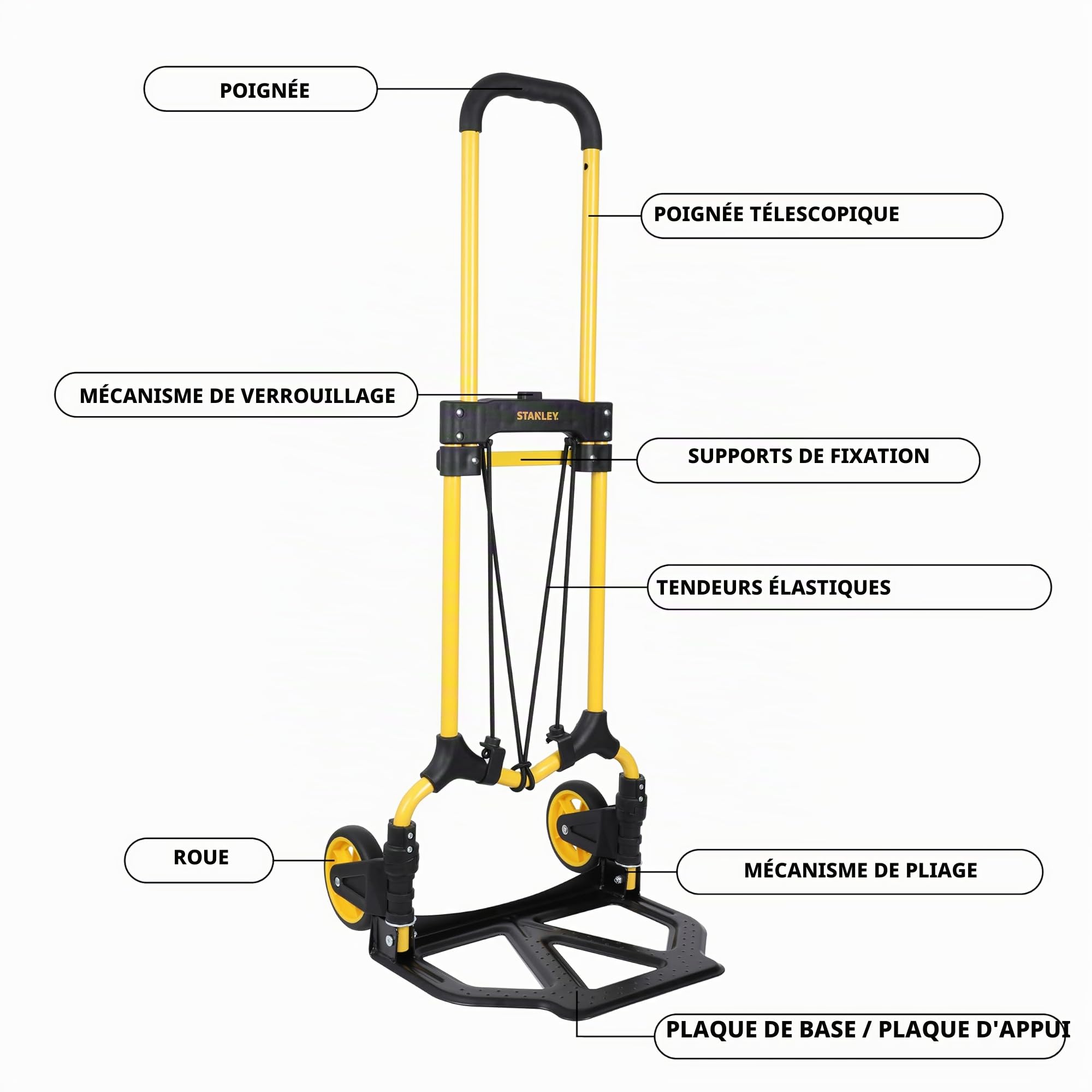 Chariot de manutention Acier, Pliable, Base 39X29cm, capacité 70kg. Dimensions Ouvert : 40x41x102cm, plié : 39x6x73 cm. Roues 12,7x4 cm Caoutchouc. Poids 4,56 kg. Cordes de Maintien.