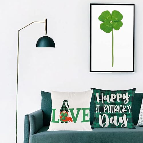 Miniatura 7 de Juego de 4 fundas de almohada decorativas para el día de San Patricio de 18 x 18 pulgadas fundas de almohada de búfalo verde diseño de trébol