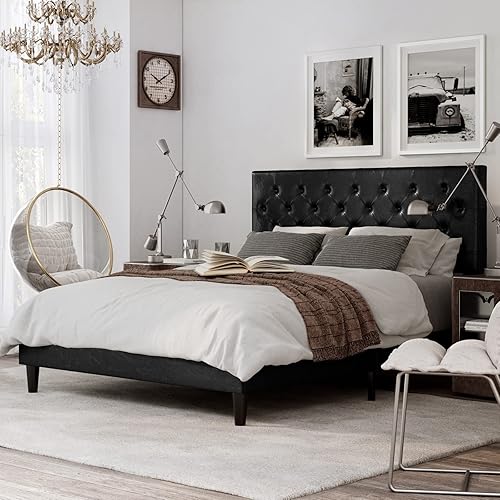 IMUsee Base de cama tapizada de piel sintética tamaño Queen con cabecera capitoné con botón ajustable, listones de madera y soporte de rieles de