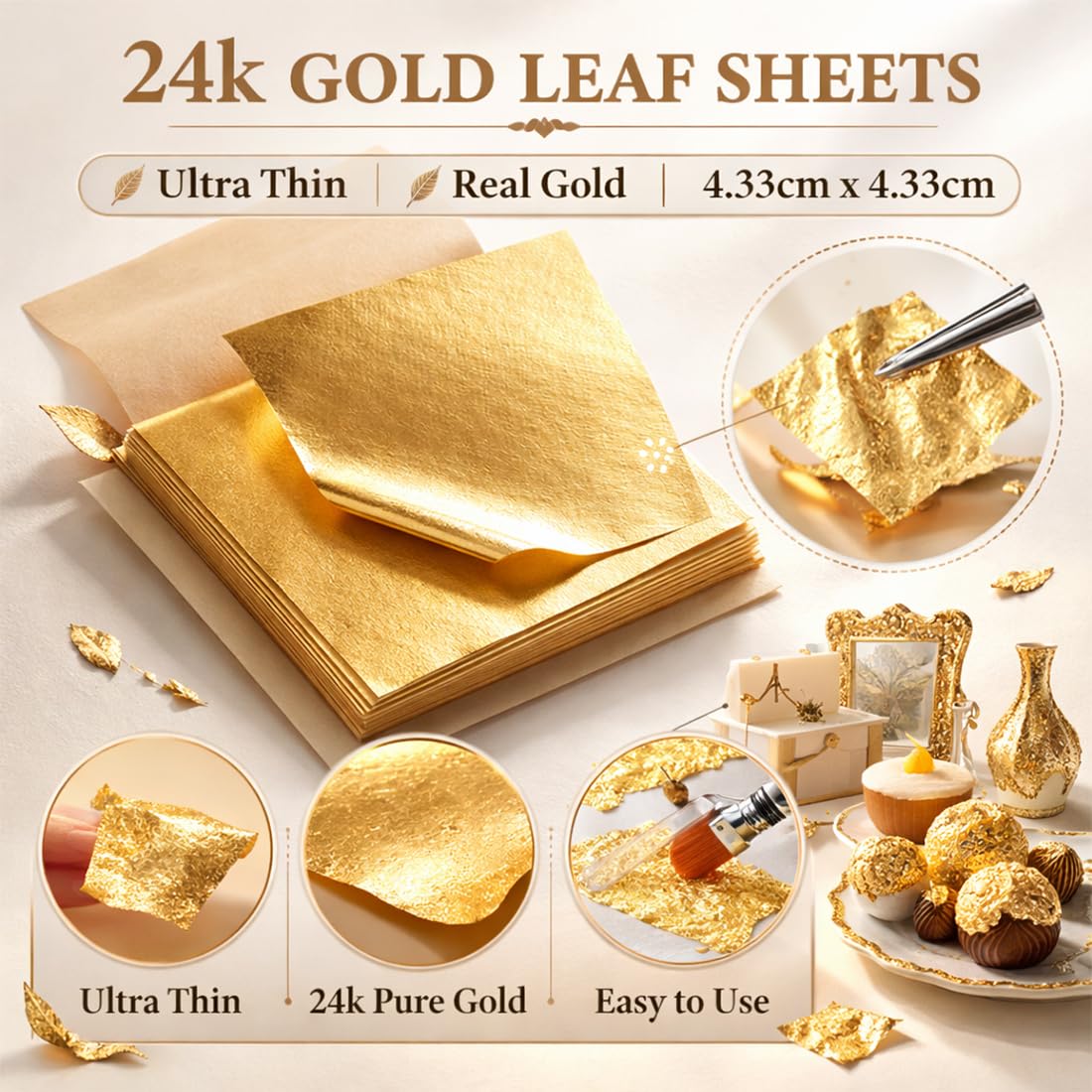 10 Hojas Pan De Oro 24 Kilates (1 Pack) - Oro Comestible De Verdad Para Decorar Pasteles, Chocolates & Arte - Hoja De Oro Alimentaria Para Repostería, Mascarillas & Uñas