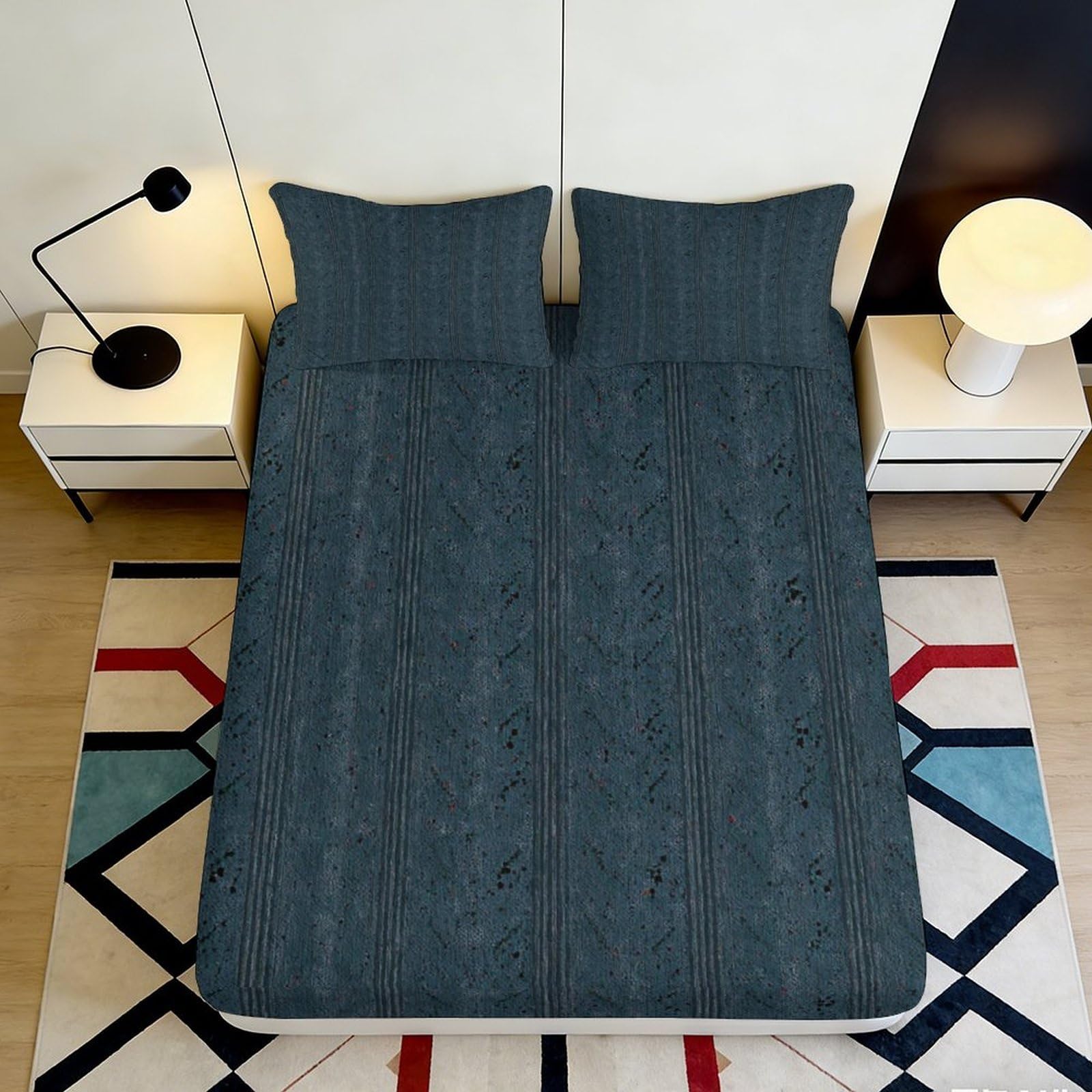3D Printed Dark Blue Geometric Fitted Sheet Microfiber Anti-Slip Abstract Stripe Mattress Cover Bedroom Dorm Machine Washable 160x200x25cm