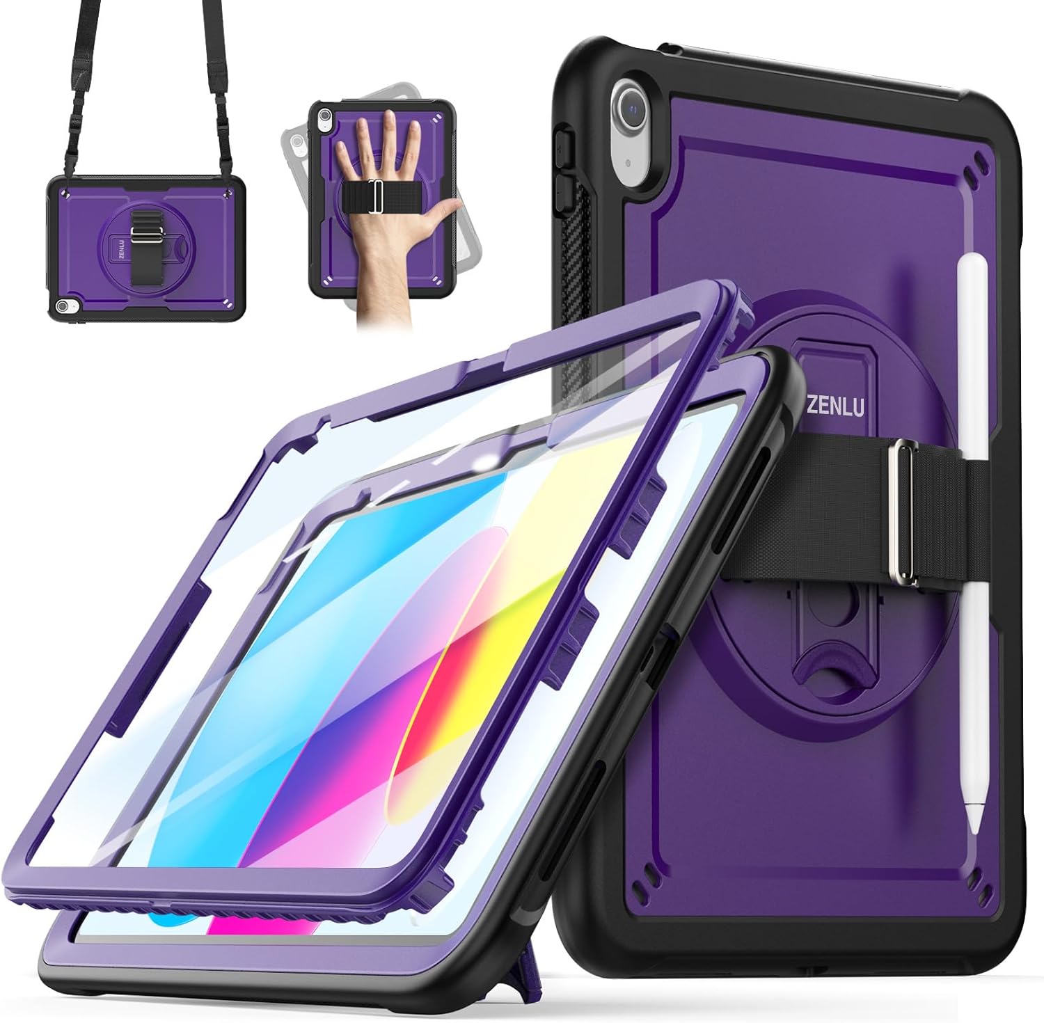 ZENLU iPad 10th Generation & 11th (A16, 2025) Case Lightweight Rotating, Rugged Shockproof Hard Shell with Straps, Stand, Handle, Screen Protector, Pencil Holder (Purple)