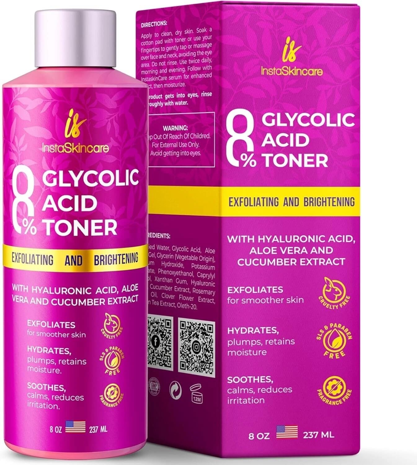 Glycolic Acid Toner 8% with Hyaluronic Acid, Aloe Vera & Cucumber Extract, Exfoliating Facial Toner for Smoother-Looking Skin, Hydrating Daily Face Toner, Fragrance Free, 8 fl oz