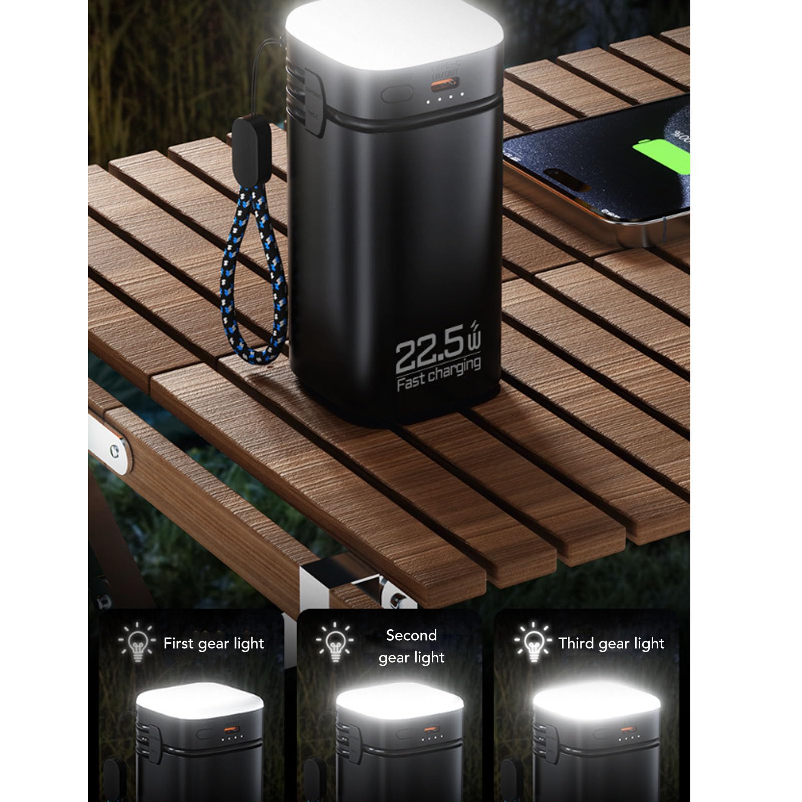 Zunate Power Bank da 20000 MAh con Cavo Integrato, Caricabatterie Portatile a Ricarica Rapida PD 22,5 W, Batteria da Campeggio a 4 Uscite per Viaggi di Emergenza all'aperto