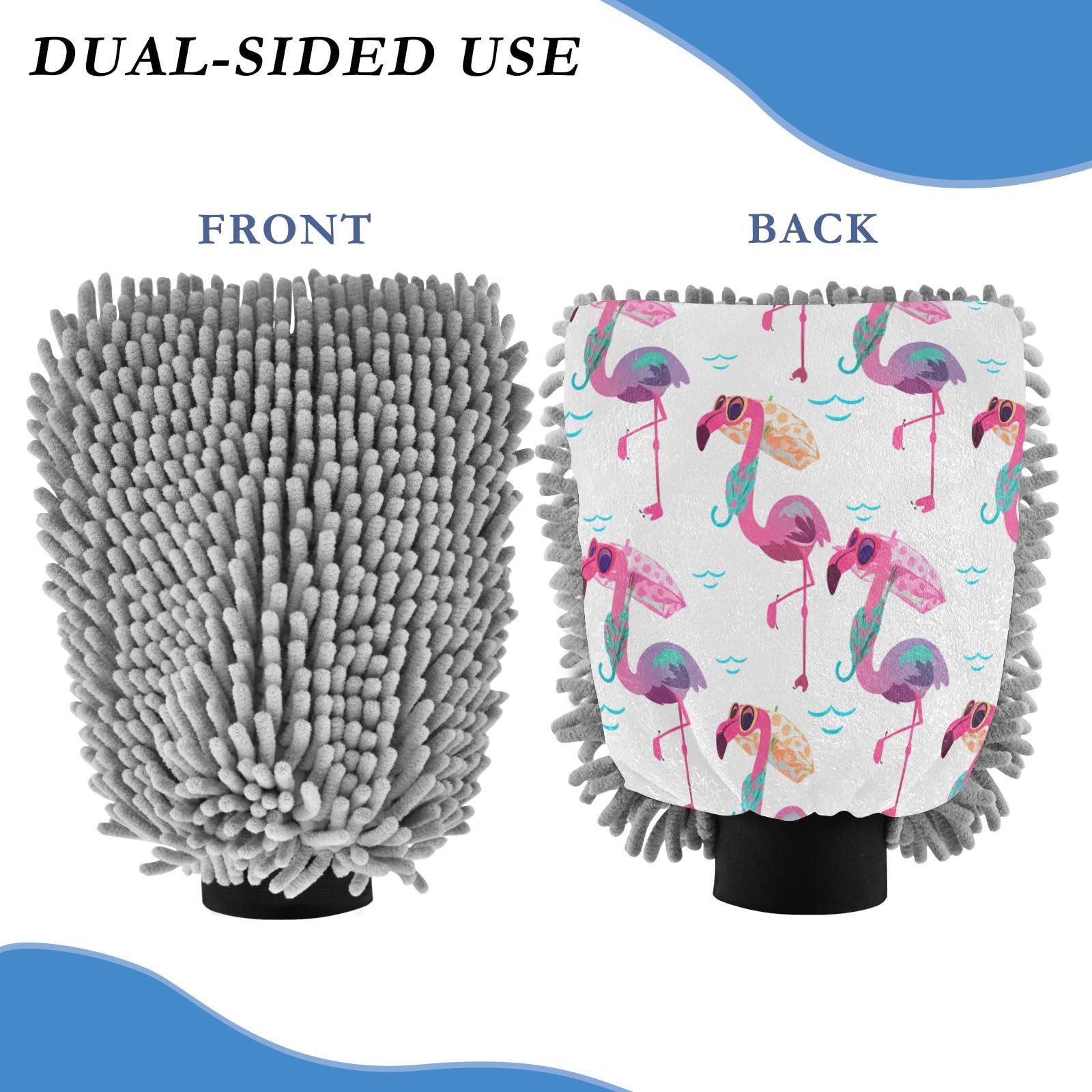 STAYTOP Flamingo Car Wash Mitt Microfiber, 2Pcs Scratch Free Lint-Free, Premium Chenille Microfiber Mitt Car Wash Brush-L