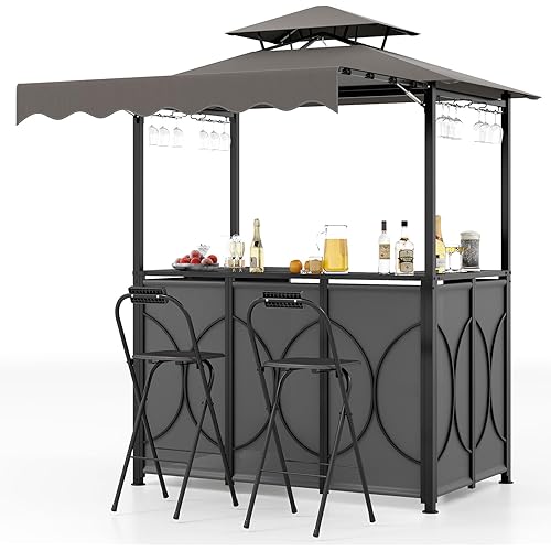 Tangkula 3 Piece Patio Bar Set, Grill Gazebo & 2 Foldable Bar Stools with Awning, Metal Storage Shelves, Glass Holders, Double-Tier Outdoor Shelter for Patio Poolside Garden Backyard (Gray)