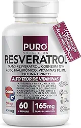 Resveratrol Trans 165 mg Puro Nutrition + Coenzima Q10, Ácido Hialurônico