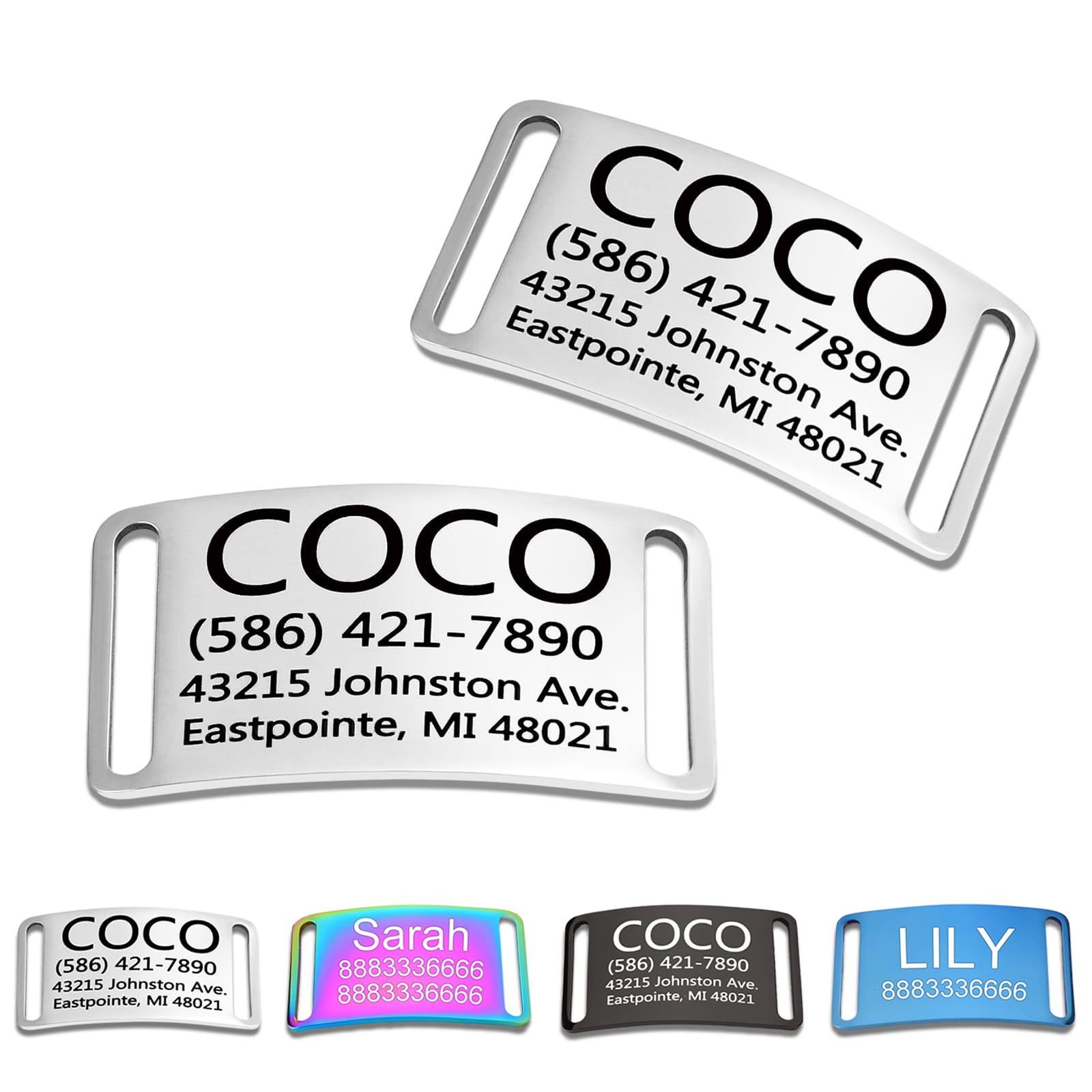 Customized Engraved Slide-On Pet ID Tags,Personalized Stainless Steel Collar Tag, Noise-Free Design for Dogs & Cats,Durable & Lightweight 4 Size for Large and Small Pets,Closed Ends（Silver）