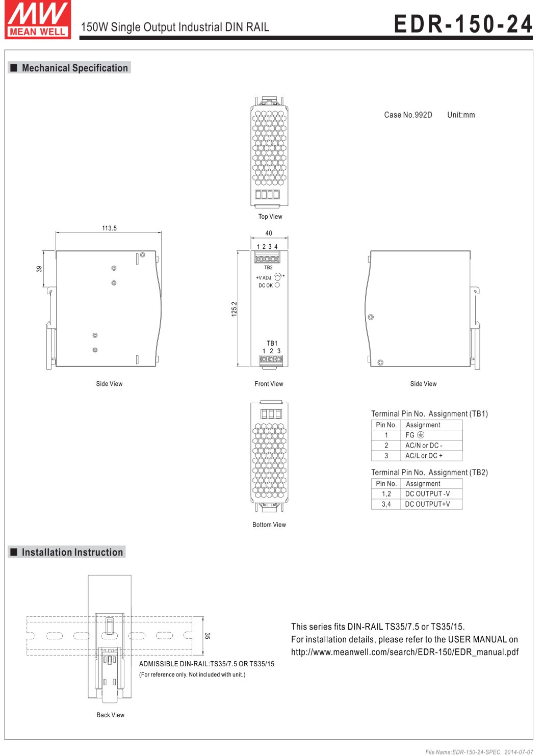 MEAN WELL original EDR-150-24 24V 6.5A meanwell EDR-150 24V 156W Single Output Industrial DIN RAIL