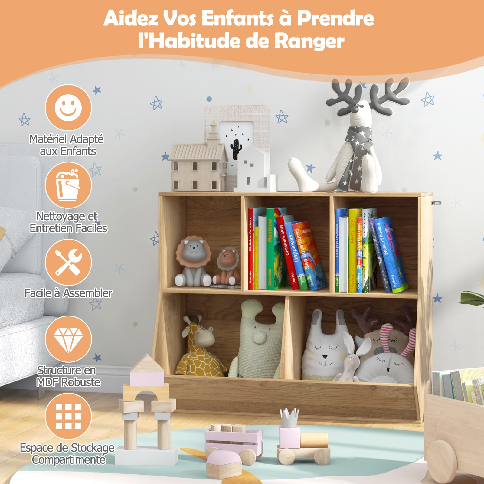DREAMADE Bibliothèque Enfants Bois Avec Tableau Noir/Blanc - Étagère Rangement Maison 63x27x90CM Gris