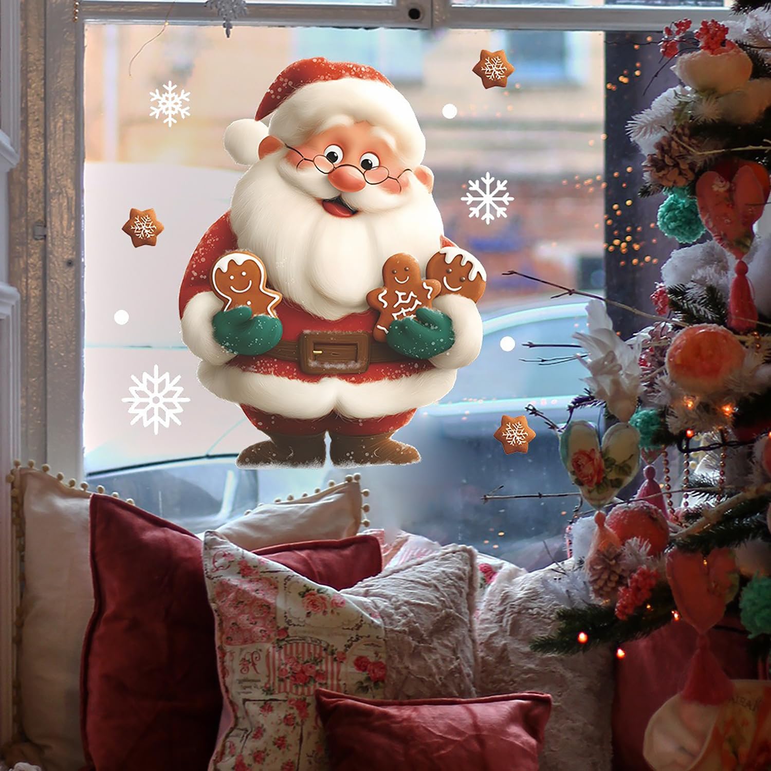Christmas Window Clings for Glass 1 Sheet Santa Window Decals with Gingerbread Man Designs Window Stickers Cute Windows Cling for Winter Party Supplies Home School Office Glass Decorations image 3