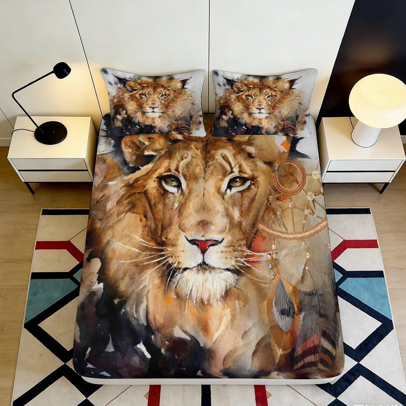 3D Printed Lion King Fitted Sheet Microfiber Soft Durable Wild Jungle Bed Sheet for Bedroom Dorm Room Decor 90x200x25cm