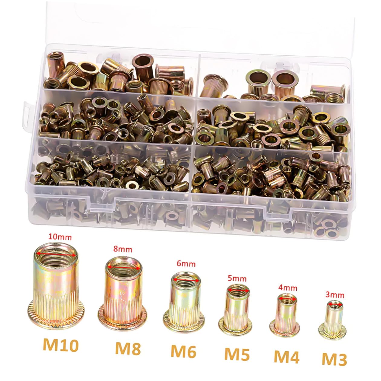 Luxshiny 500 Pcs Carbon Steel Rivet Nuts Threaded Inserts Kit M3 M4 M5 M6 M8 M10 with Assorted Sizes for Metal Fastening and Industrial Assembly