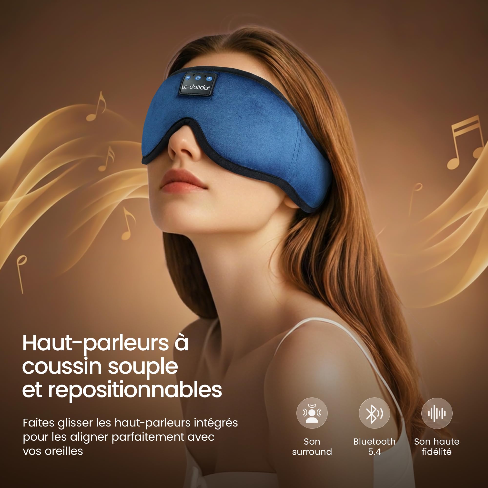 LC-dolida Masque de Sommeil avec écouteurs Bluetooth V5.4, Masque de Nuit Sans Fil peut Jouer 15 Heures Casque de Sommeil Bluetooth pour les Voyages,la Sieste, le Travail Posté
