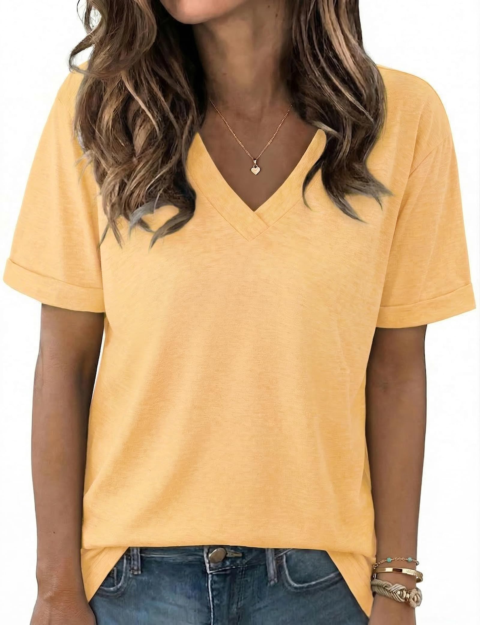 Aottori Tshirt Damen Sommer Basic Shirt V-Ausschnitt Oberteile Kurzarm Einfarbig Casual Locker Top