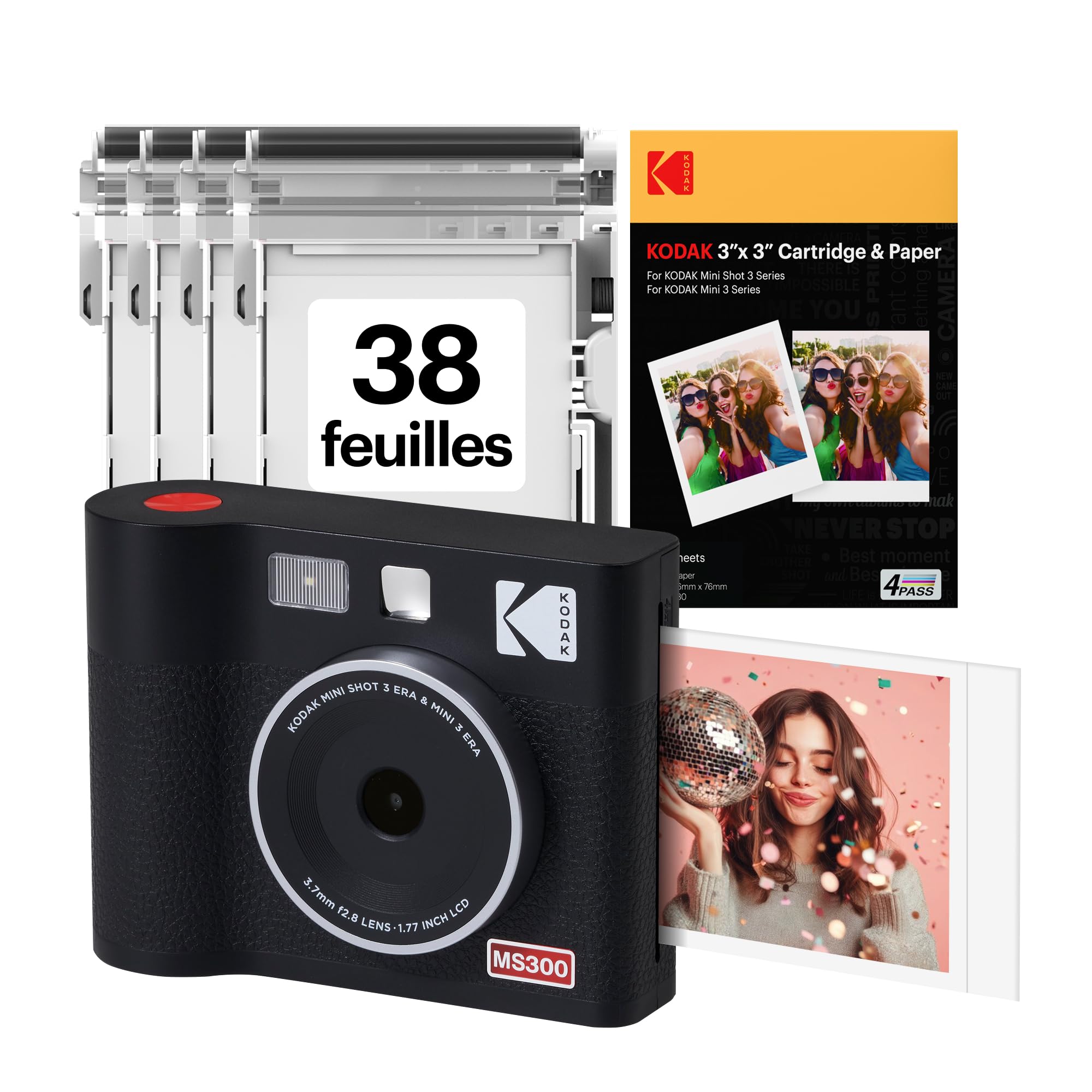 KODAK Mini Shot 3 Era 4PASS 2-in-1 Appareil Photo Instantané et Imprimante Photo Portable (7,6x7,6cm) Appareil Photo + Paquet avec 38 Feuilles, Noir