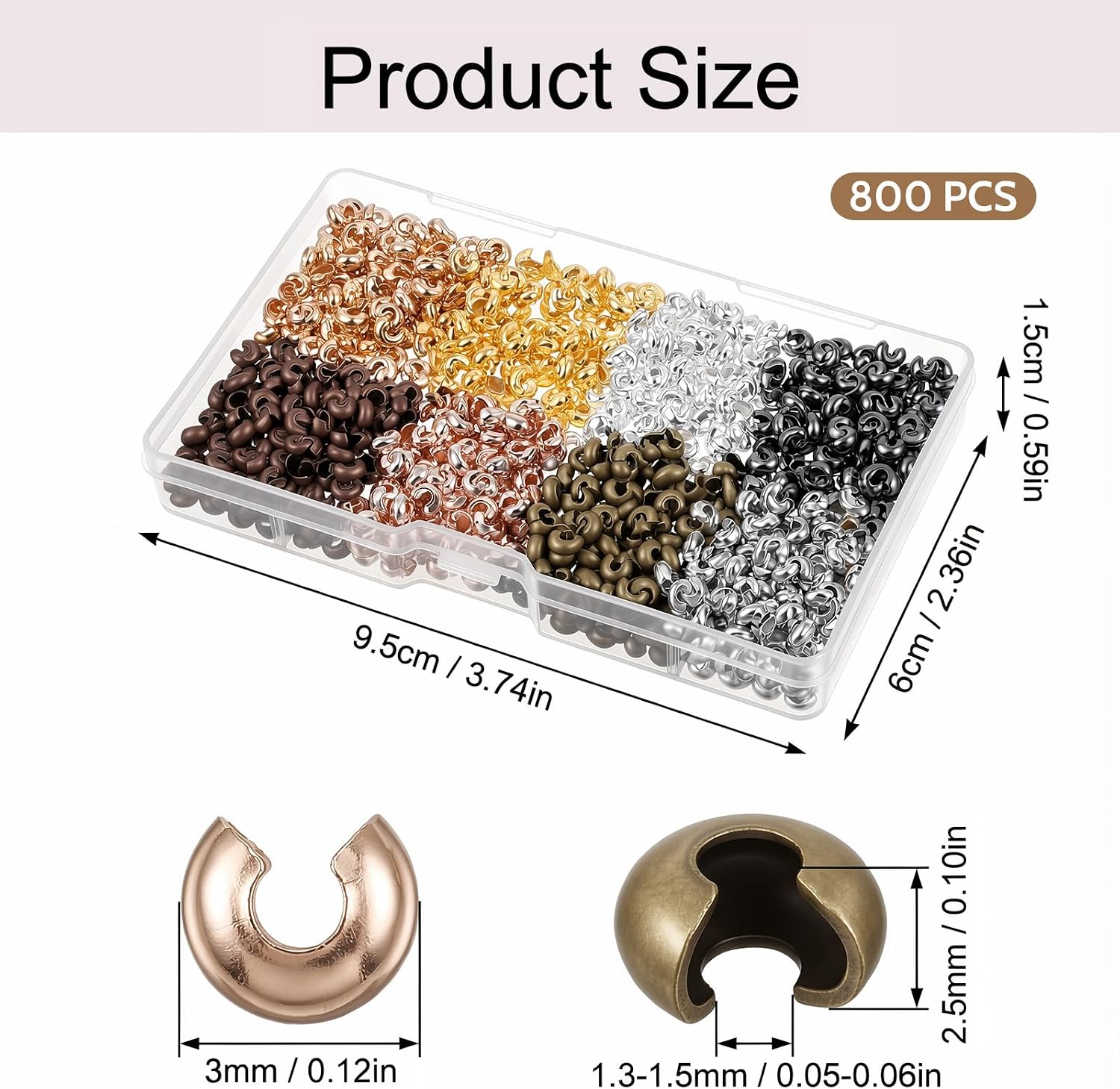 800 Pcs Crimp Beads 3mm Crimp Bead Covers Half Round Open Multicolor Alloy Crimps Bead Knot Covers Semicircular Beads Stopper Crimps Cover for DIY Jewelry Making Craft Supplies image 2