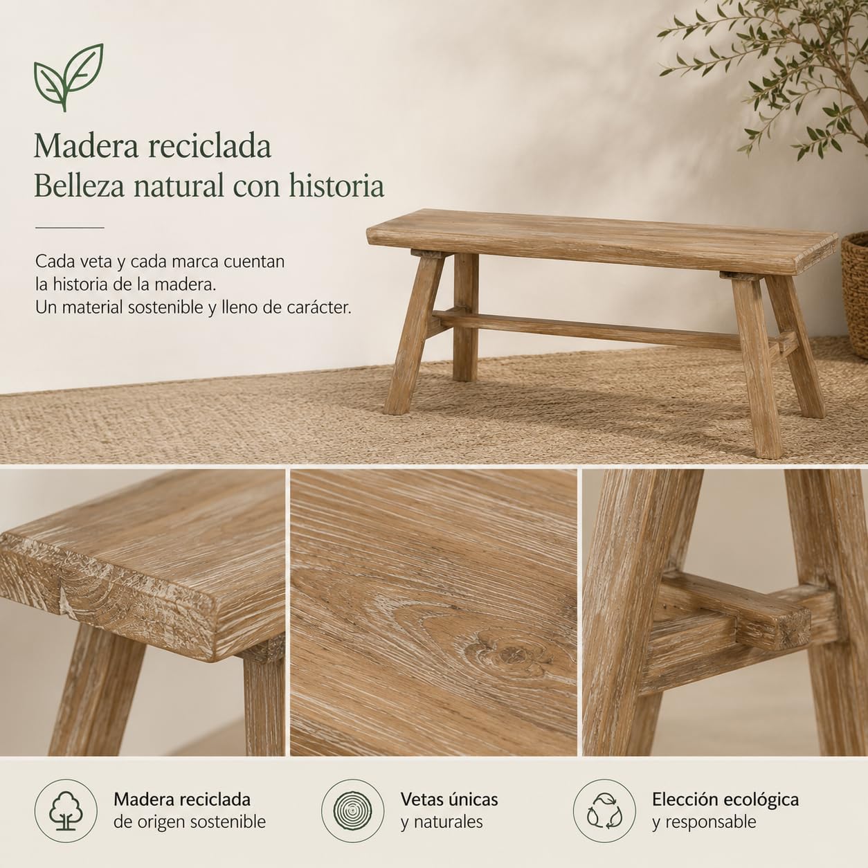 Banco Madera Maciza de Estilo WABI Sabi-Banqueta de Madera Envejecida con Diseño Rústico-Asiento de Madera Natural para Recibidor, Salón, Dormitorio, Comedor y Pasillo 100x32x41cm XZ-24895